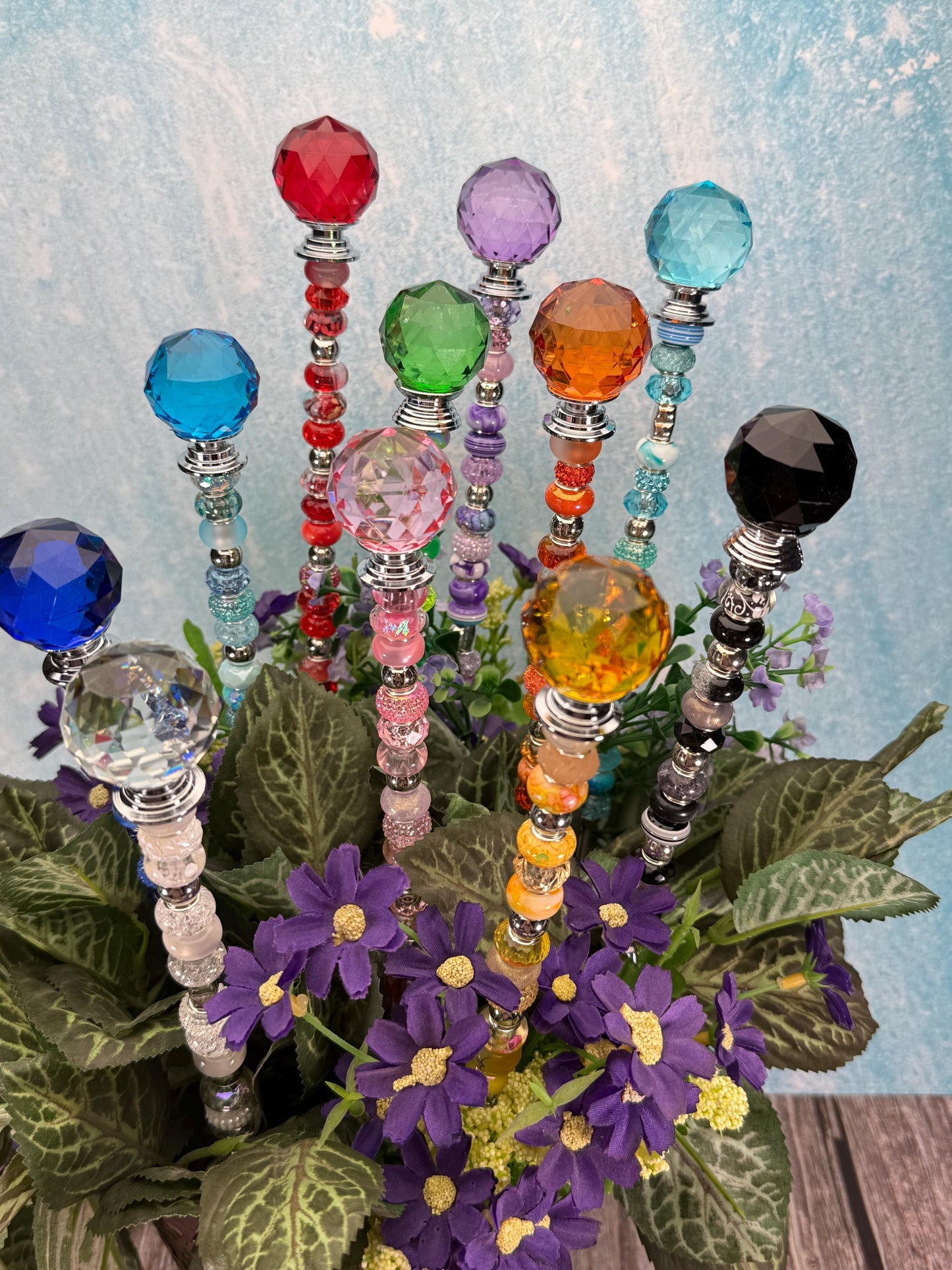 Fairy Garden Suncatcher Stakes – 15” Beaded Plant Decor with Crystal Disco Ball Topper