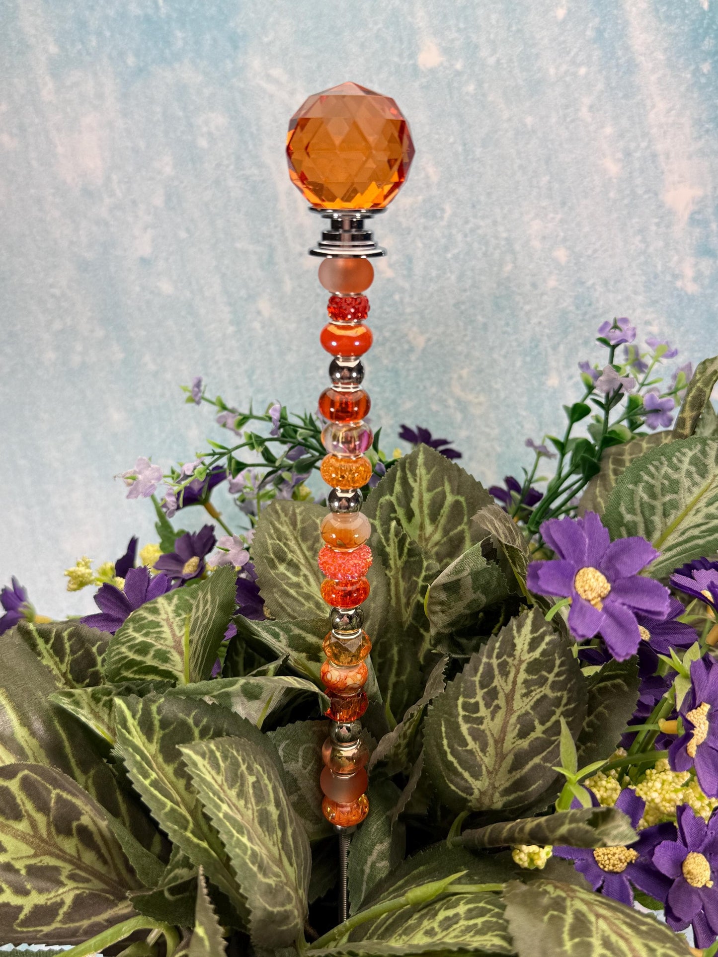 Fairy Garden Suncatcher Stakes – 15” Beaded Plant Decor with Crystal Disco Ball Topper