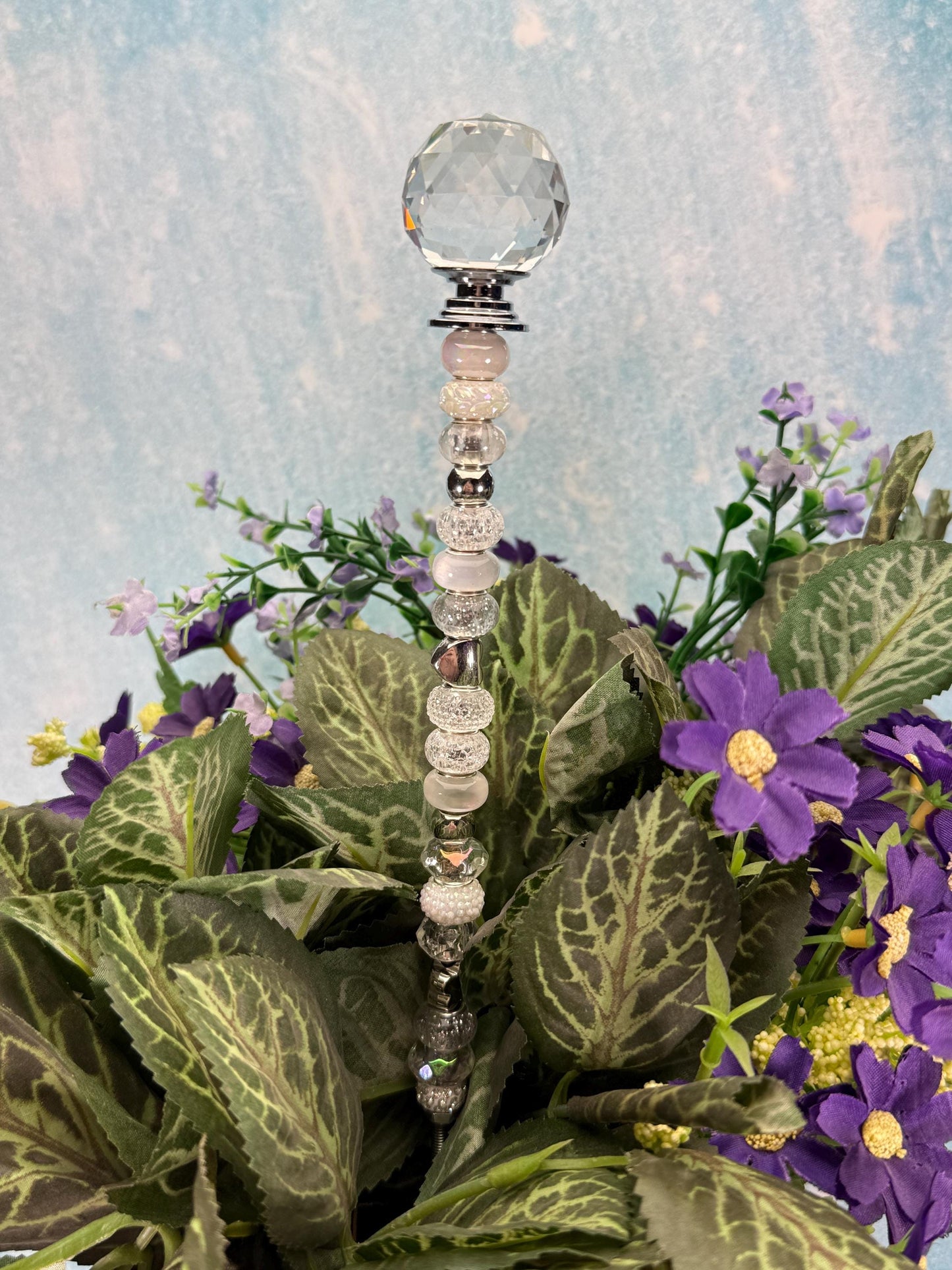 Fairy Garden Suncatcher Stakes – 15” Beaded Plant Decor with Crystal Disco Ball Topper