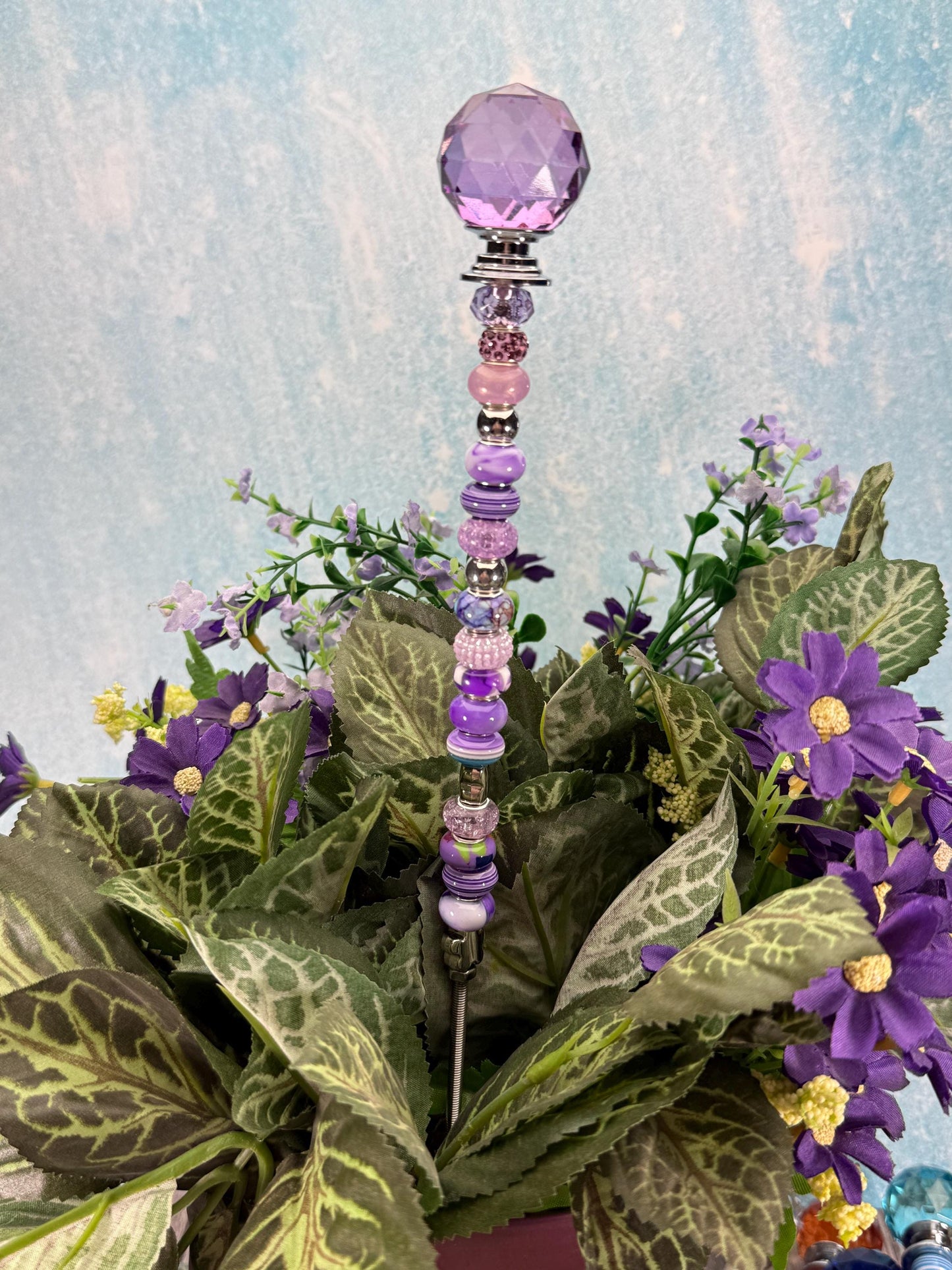 Fairy Garden Suncatcher Stakes – 15” Beaded Plant Decor with Crystal Disco Ball Topper