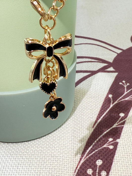 Black Enamel Tumbler Charm – Elegant Stanley Cup Accessories, Gold Chain Bow & Heart, Trendy Drinkware Gift for Her, Olivia Rodrigo, Swiftie