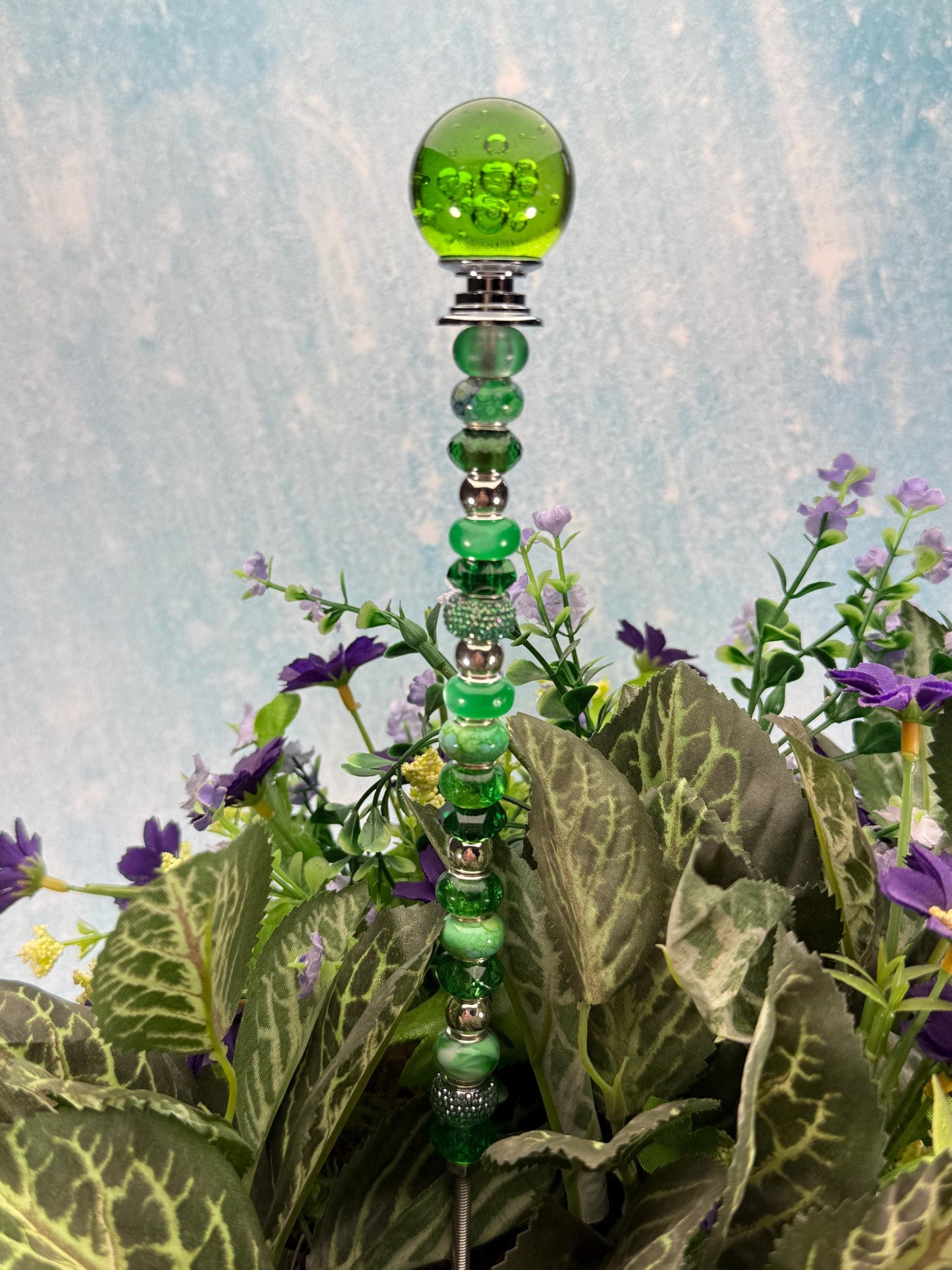 Fairy Garden Suncatcher Stakes – 15” Beaded Plant Decor with Crystal Bubble Ball Topper