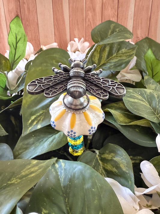 Bug Garden Suncatcher Stakes – 10” Beaded Plant Decor with Ceramic and metal bug topper