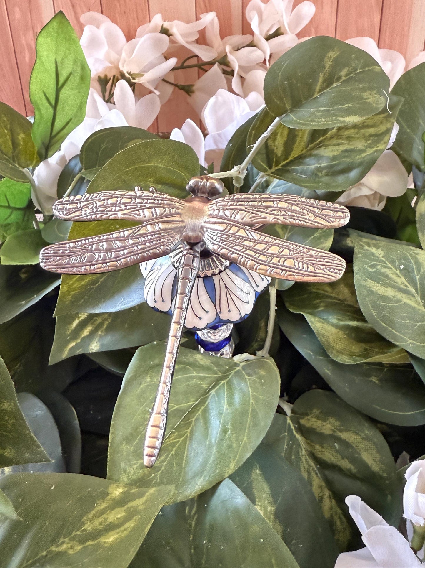 Giant Dragonfly Garden Suncatcher Stakes – 10” Beaded Plant Decor with Ceramic Mushroom and metal bug topper