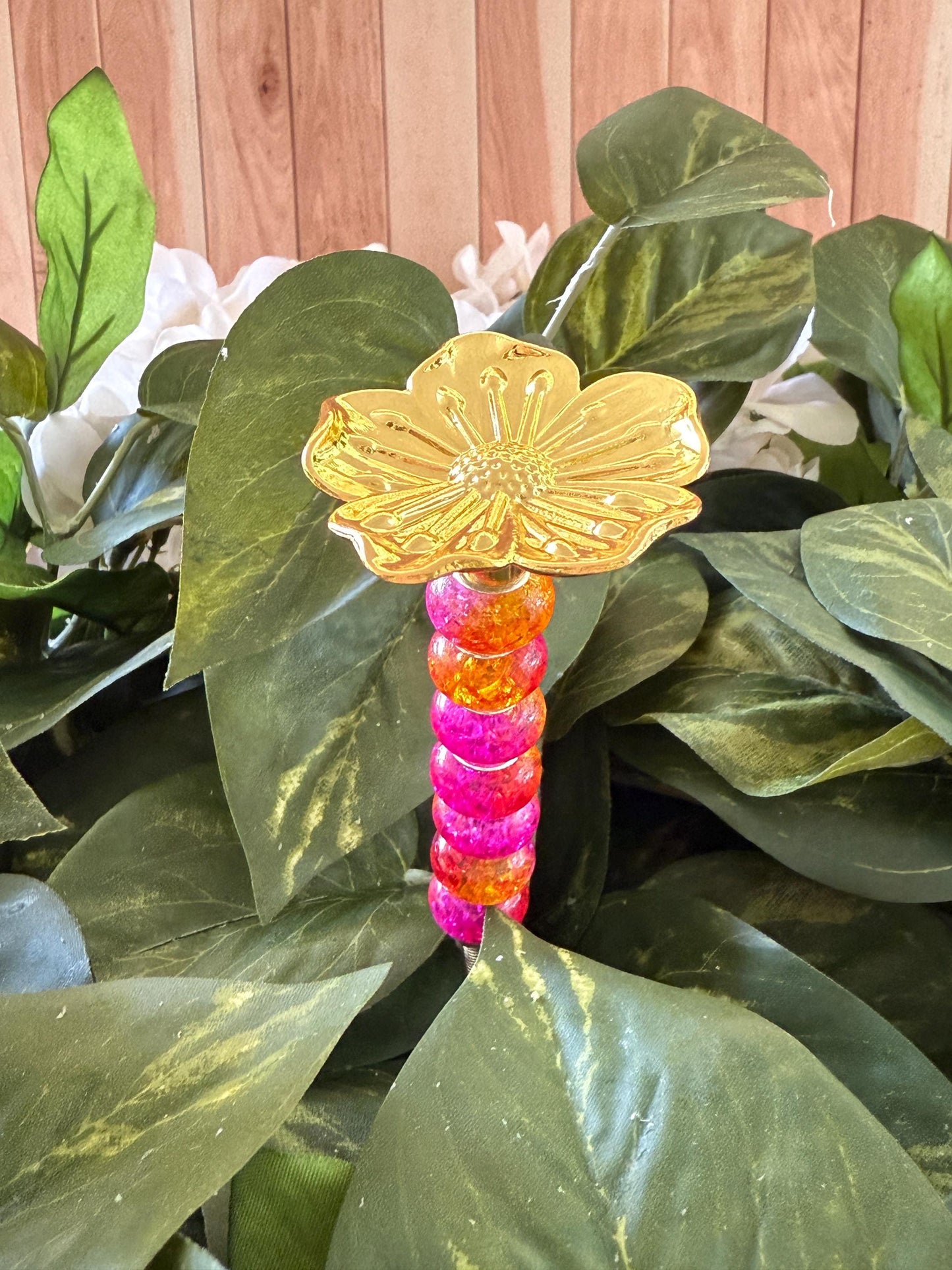 Golden Flower Garden Suncatcher Stakes – 10” Beaded Plant Decor