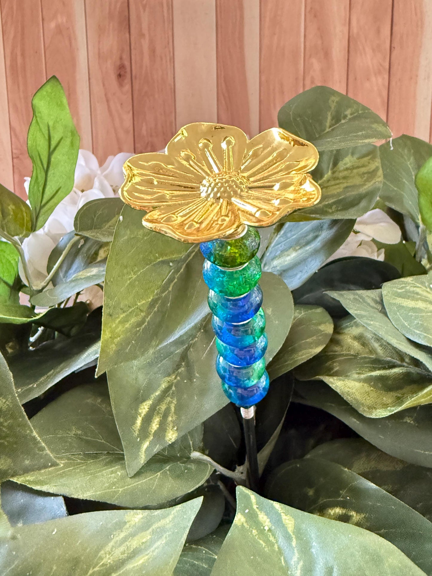 Golden Flower Garden Suncatcher Stakes – 10” Beaded Plant Decor