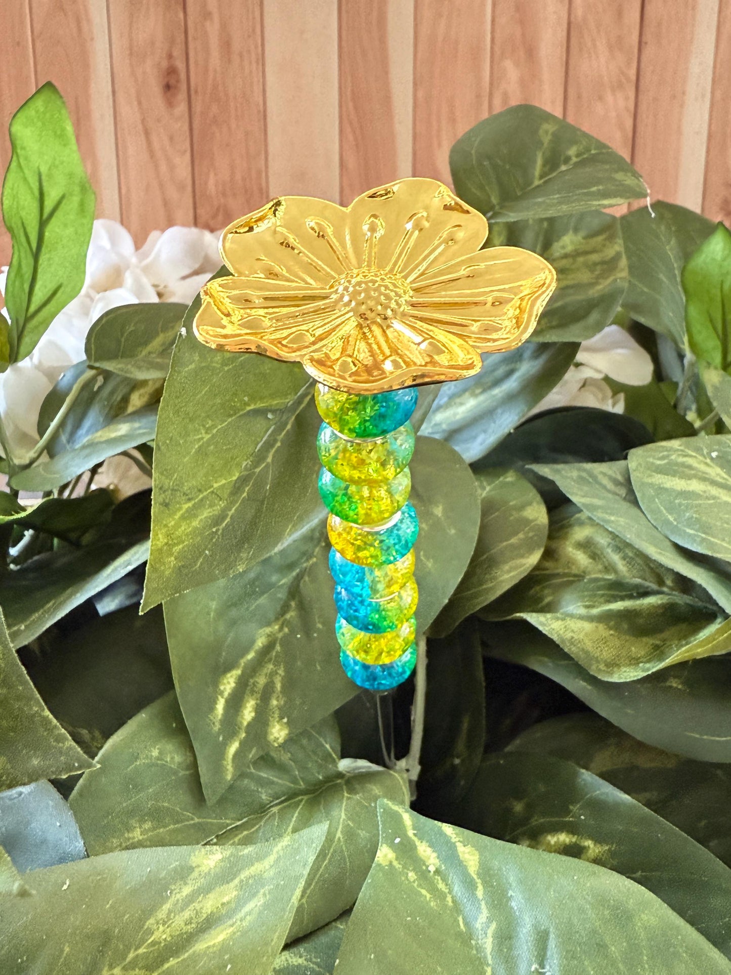Golden Flower Garden Suncatcher Stakes – 10” Beaded Plant Decor
