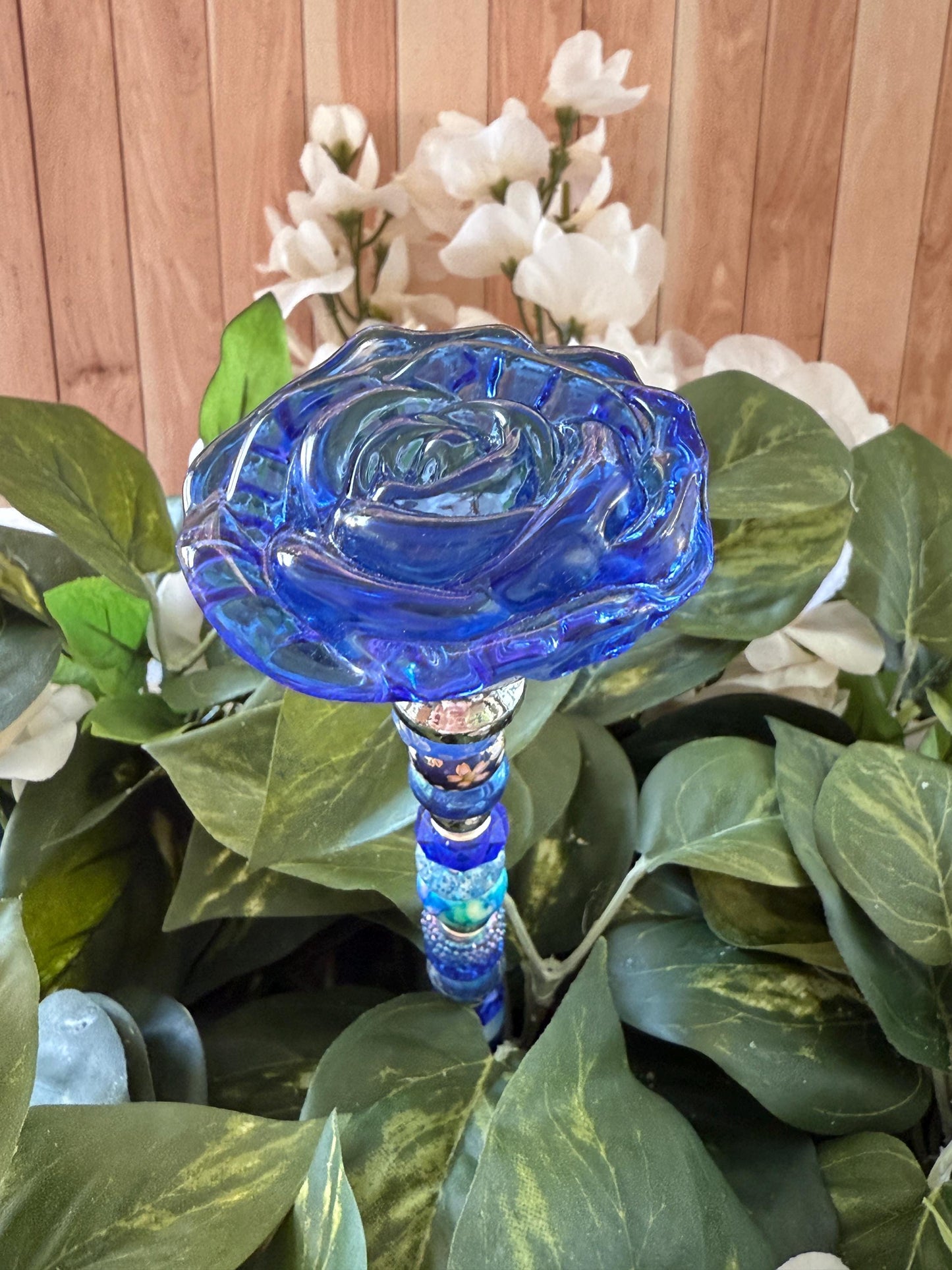 Giant Rose Garden Suncatcher Stakes – 15” Beaded Plant Decor with Glass Topper