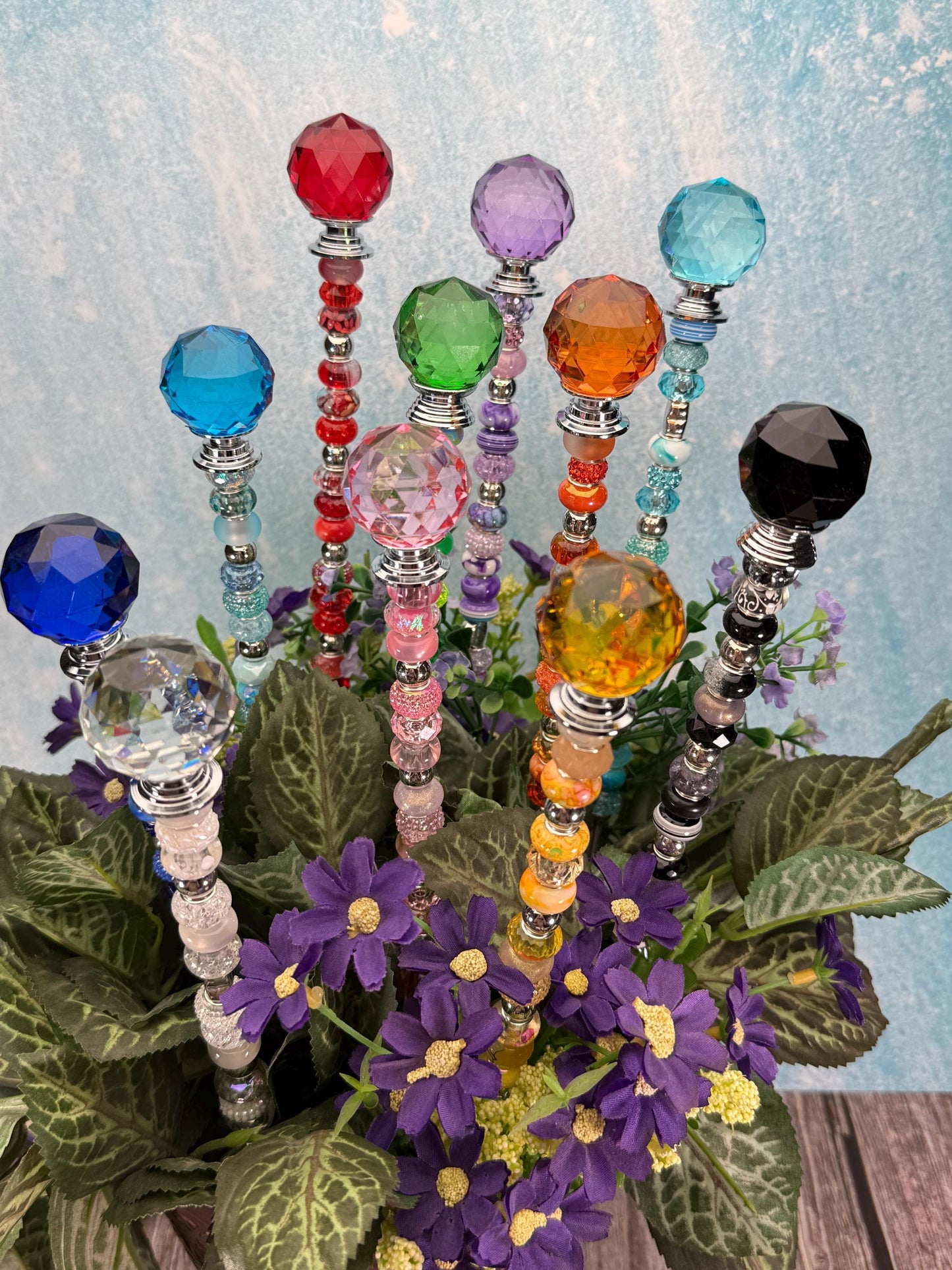 Fairy Garden Suncatcher Stakes – 15” Beaded Plant Decor with Crystal Disco Ball Topper