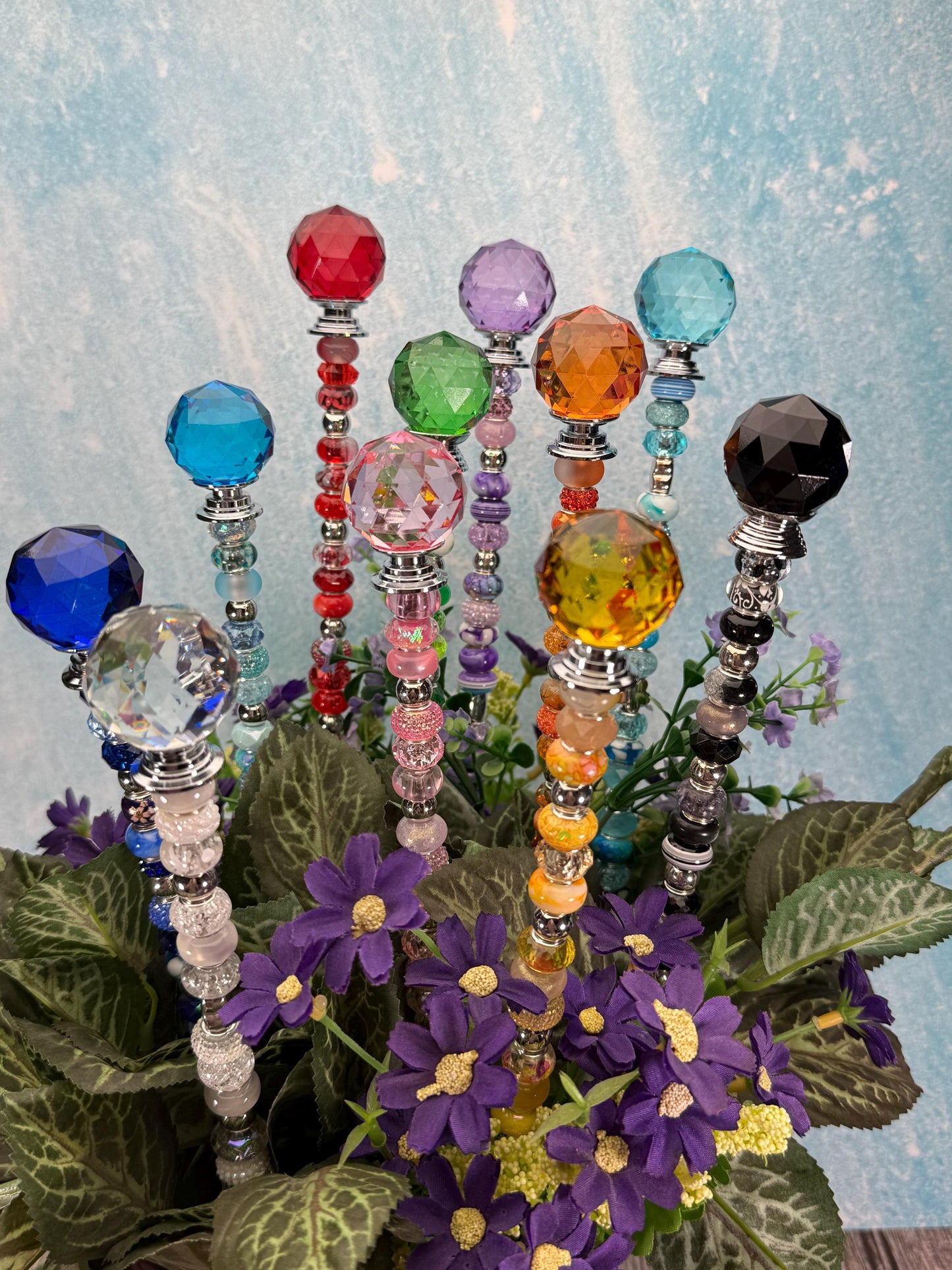 Fairy Garden Suncatcher Stakes – 15” Beaded Plant Decor with Crystal Disco Ball Topper