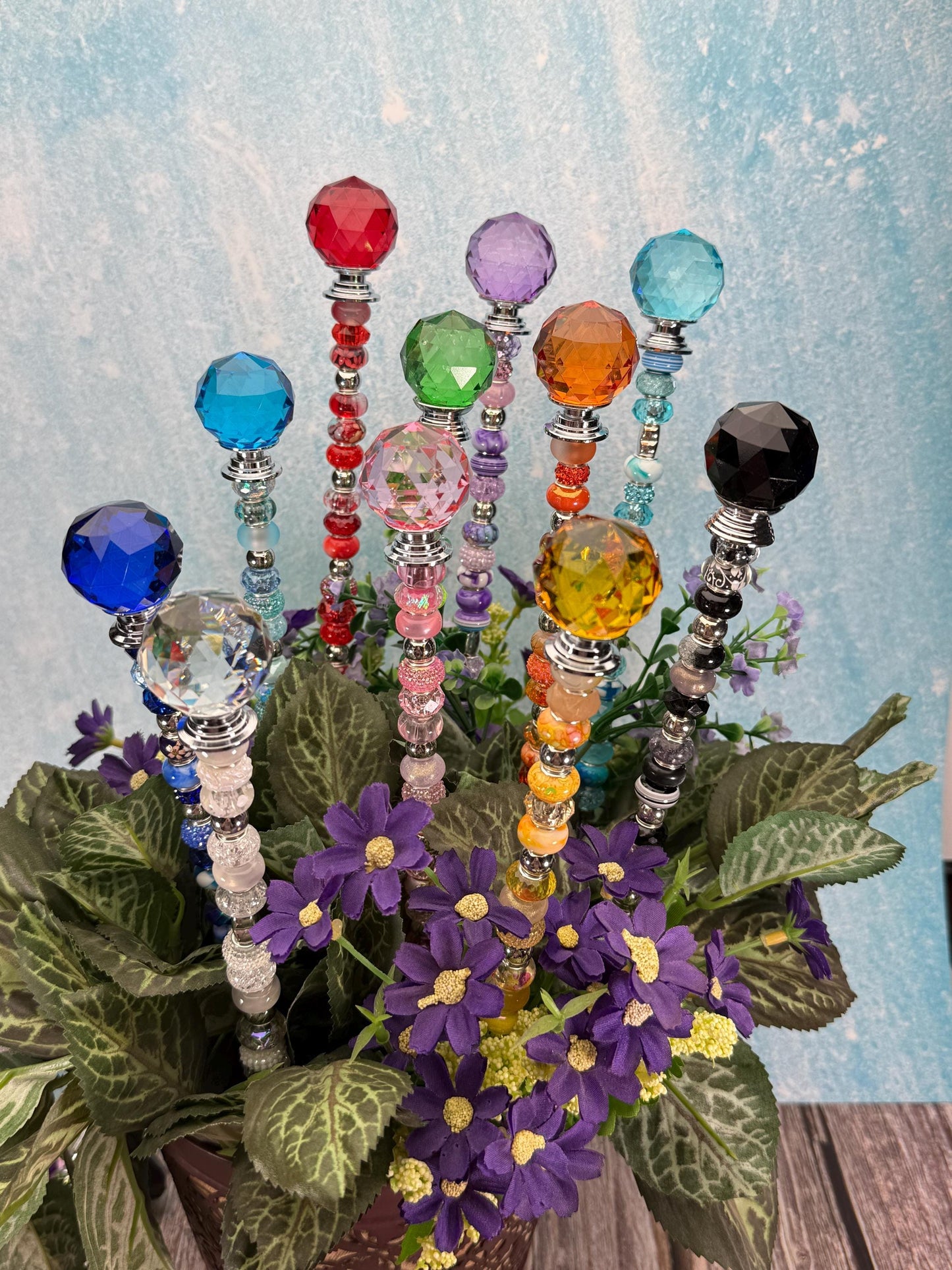 Fairy Garden Suncatcher Stakes – 15” Beaded Plant Decor with Crystal Disco Ball Topper