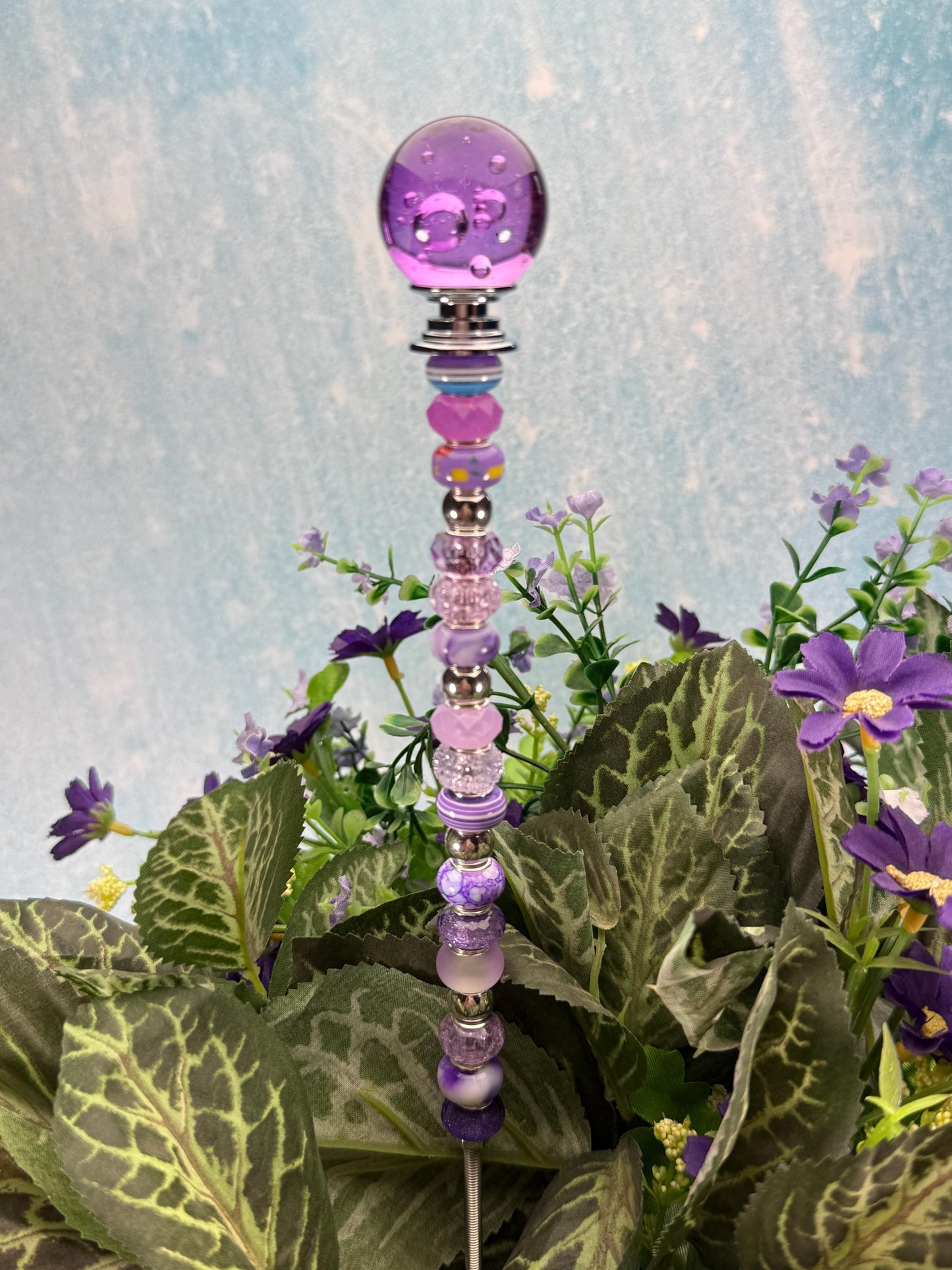 Fairy Garden Suncatcher Stakes – 15” Beaded Plant Decor with Crystal Bubble Ball Topper