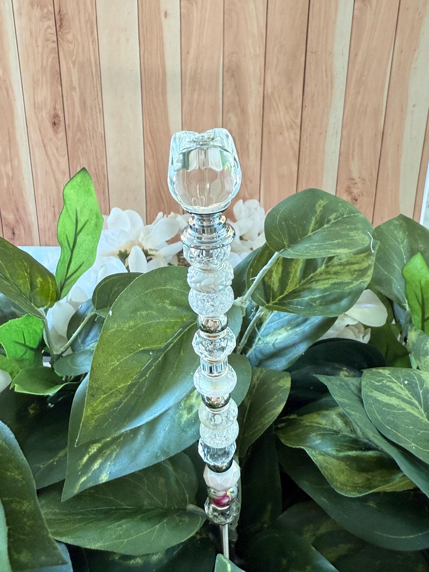 Mini Rose Garden Suncatcher Stakes – 10 Beaded Plant Decor with Glass Rose Topper