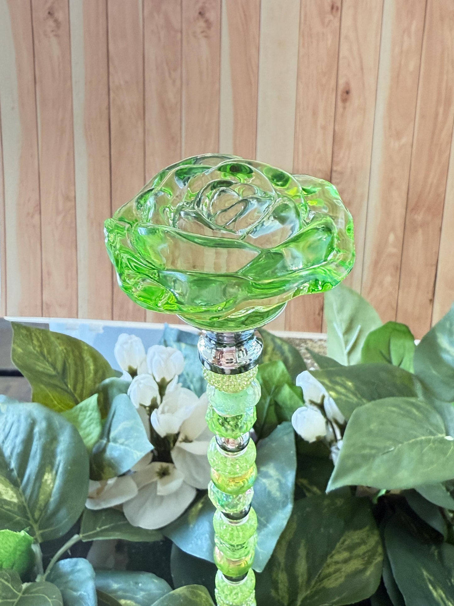 Giant Rose Garden Suncatcher Stakes – 15” Beaded Plant Decor with Glass Topper