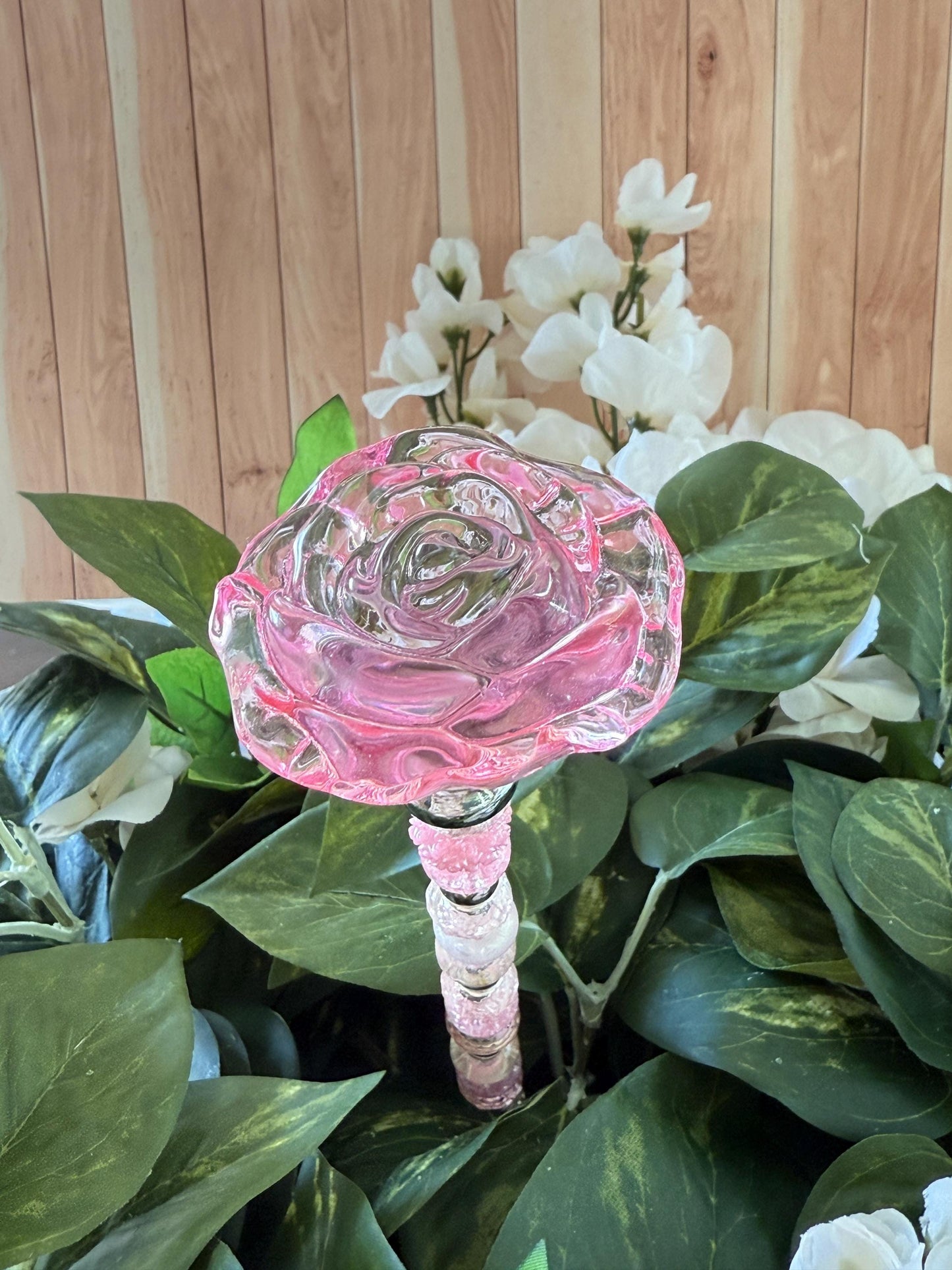 Giant Rose Garden Suncatcher Stakes – 15” Beaded Plant Decor with Glass Topper