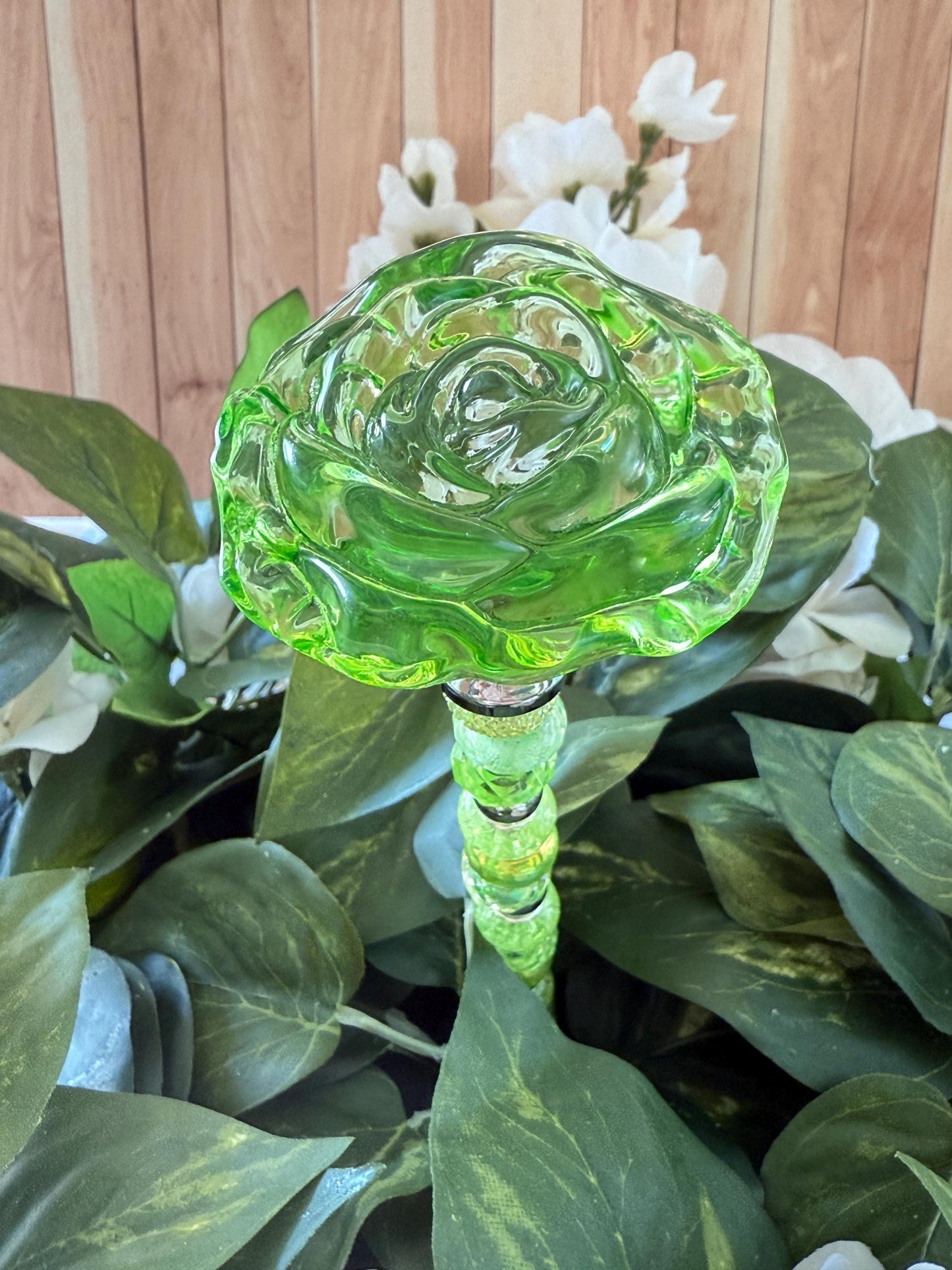 Giant Rose Garden Suncatcher Stakes – 15” Beaded Plant Decor with Glass Topper