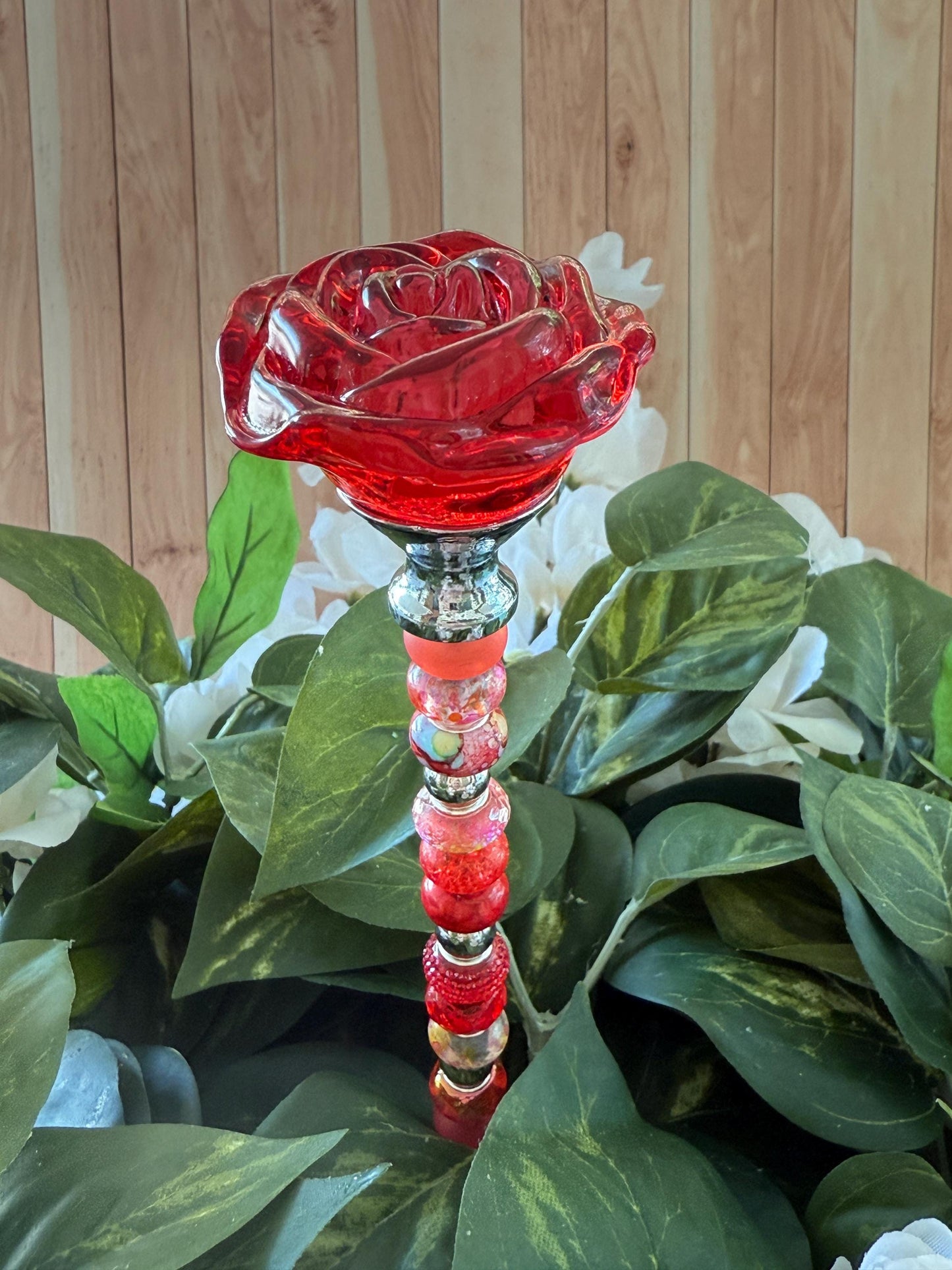 Giant Rose Garden Suncatcher Stakes – 15” Beaded Plant Decor with Glass Topper