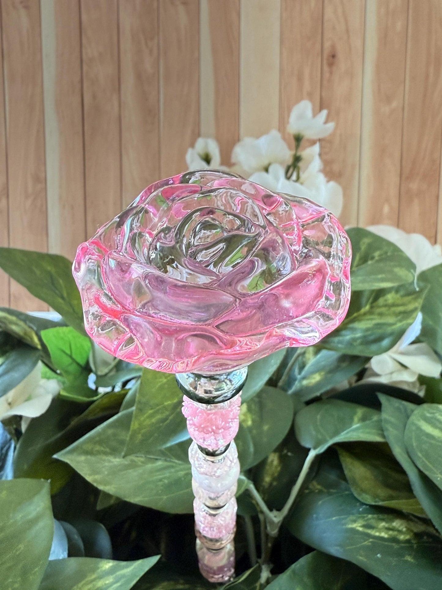Giant Rose Garden Suncatcher Stakes – 15” Beaded Plant Decor with Glass Topper