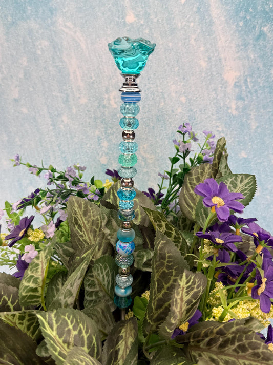 Fairy Garden Suncatcher Stakes – 15” Beaded Plant Decor with Glass Rose Topper