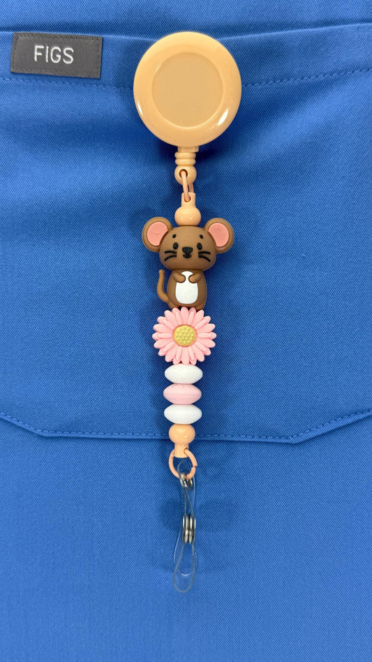 Animal Badge Reel: Mouse, Flower, & Silicone Beads - Retractable ID Clip