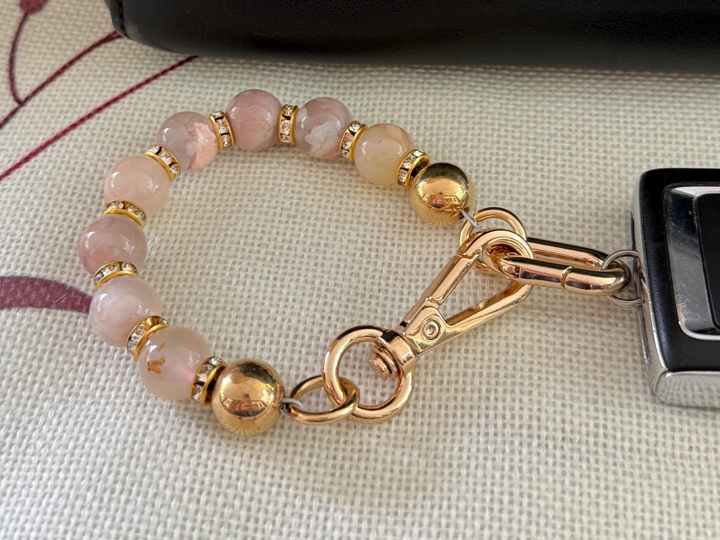 Keyfob Purse Clip | Convertible Gemstone Wristlet & Bag Accent | 12 mm Gemstone Beads