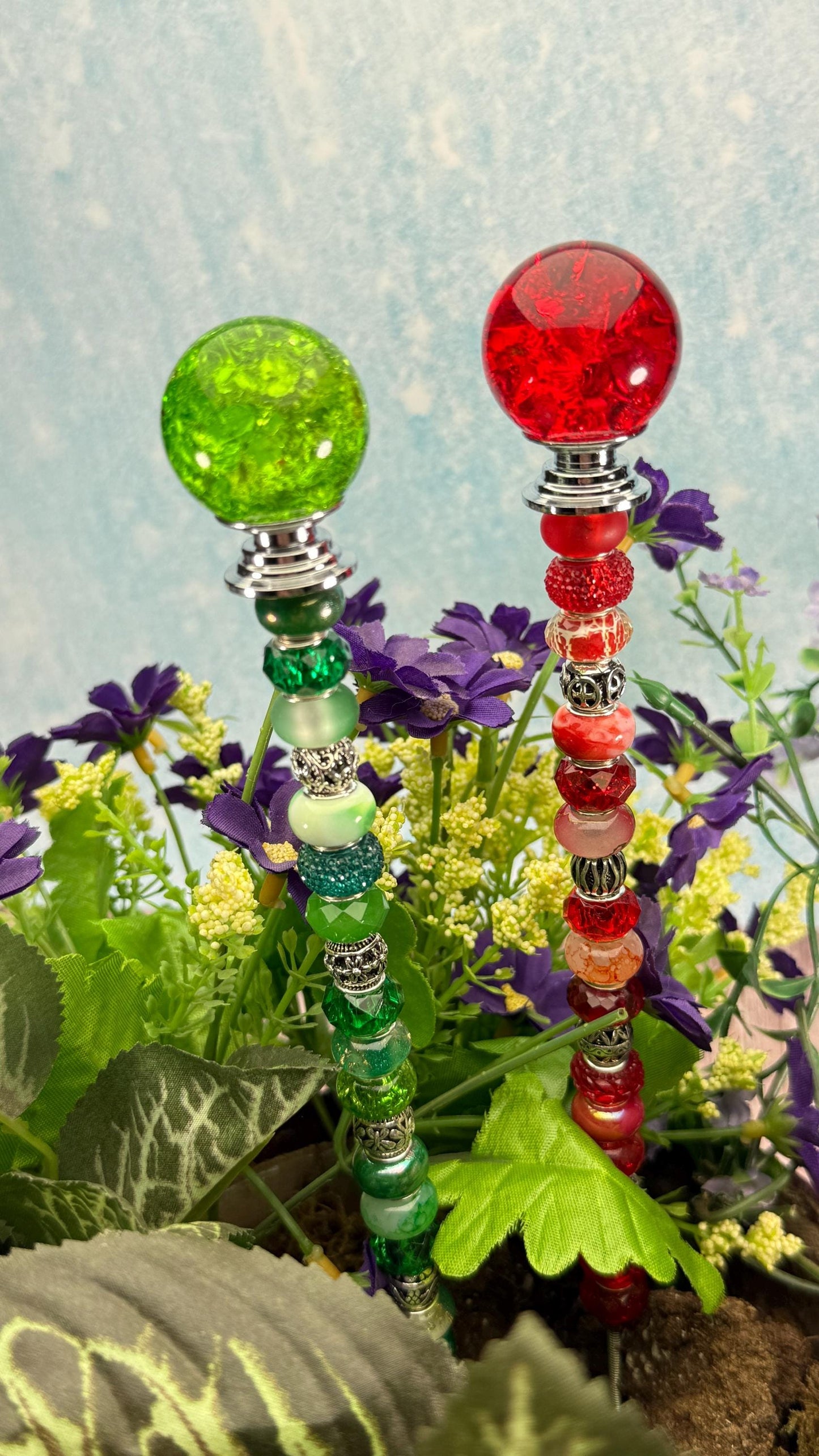 Fairy Garden Suncatcher Stakes – 15” Beaded Plant Decor with Crackle Glass Ball Topper