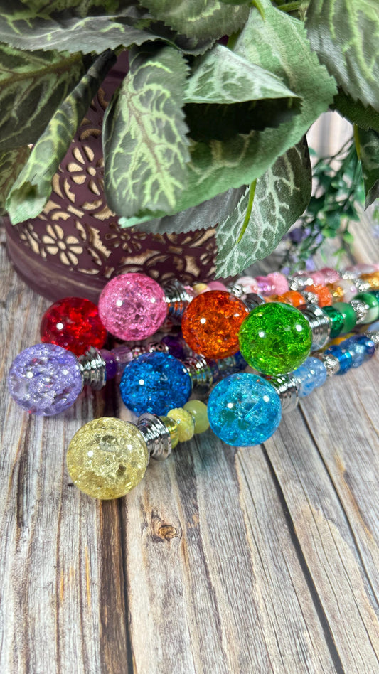 Fairy Garden Suncatcher Stakes – 15” Beaded Plant Decor with Crackle Glass Ball Topper