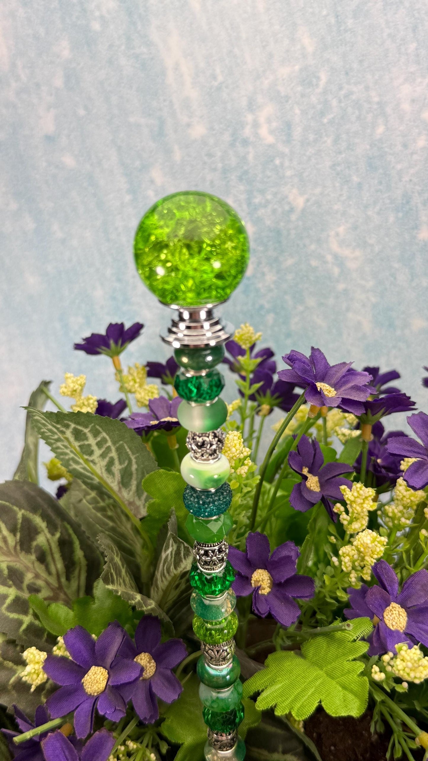 Fairy Garden Suncatcher Stakes – 15” Beaded Plant Decor with Crackle Glass Ball Topper