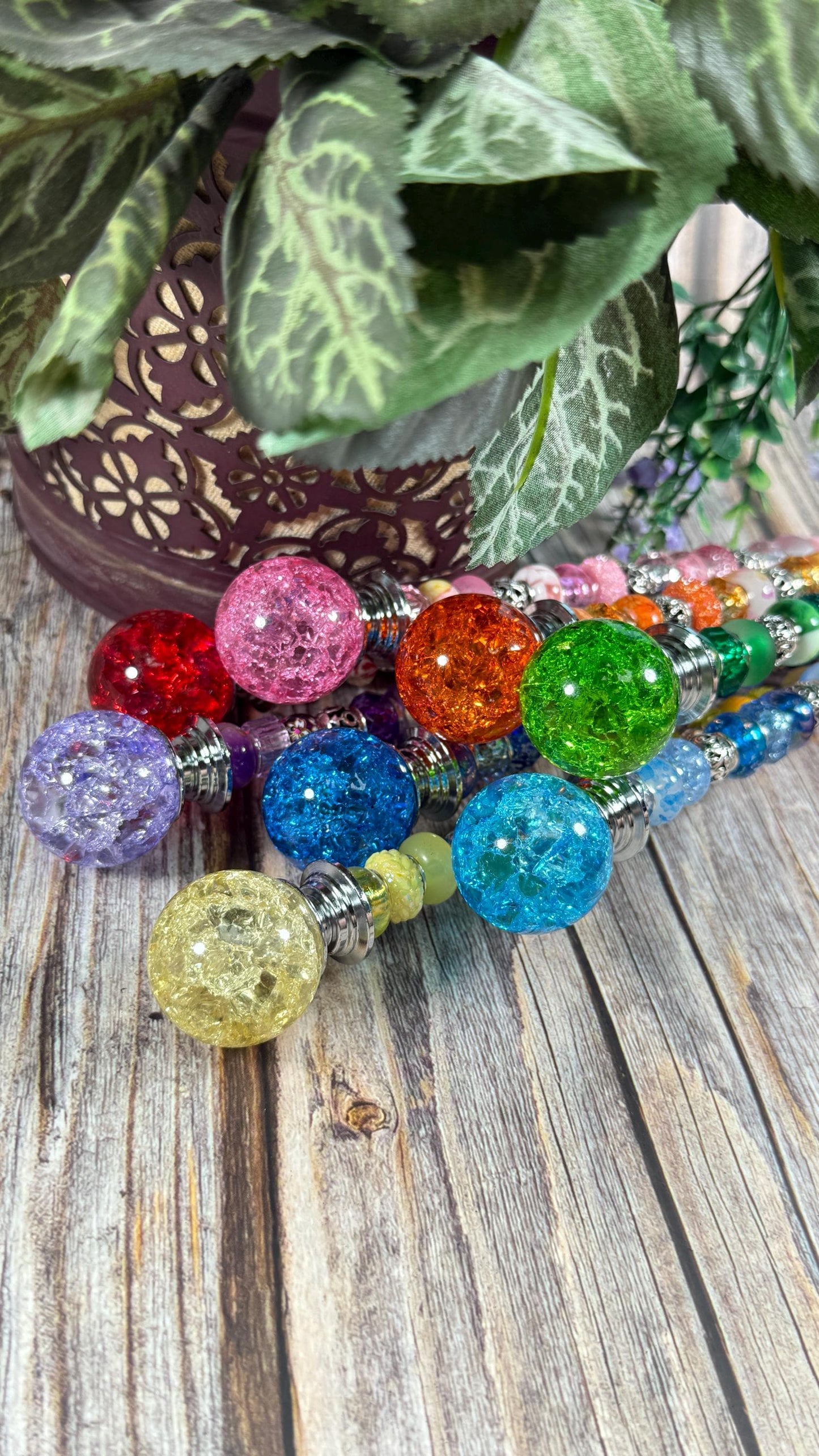 Fairy Garden Suncatcher Stakes – 15” Beaded Plant Decor with Crackle Glass Ball Topper
