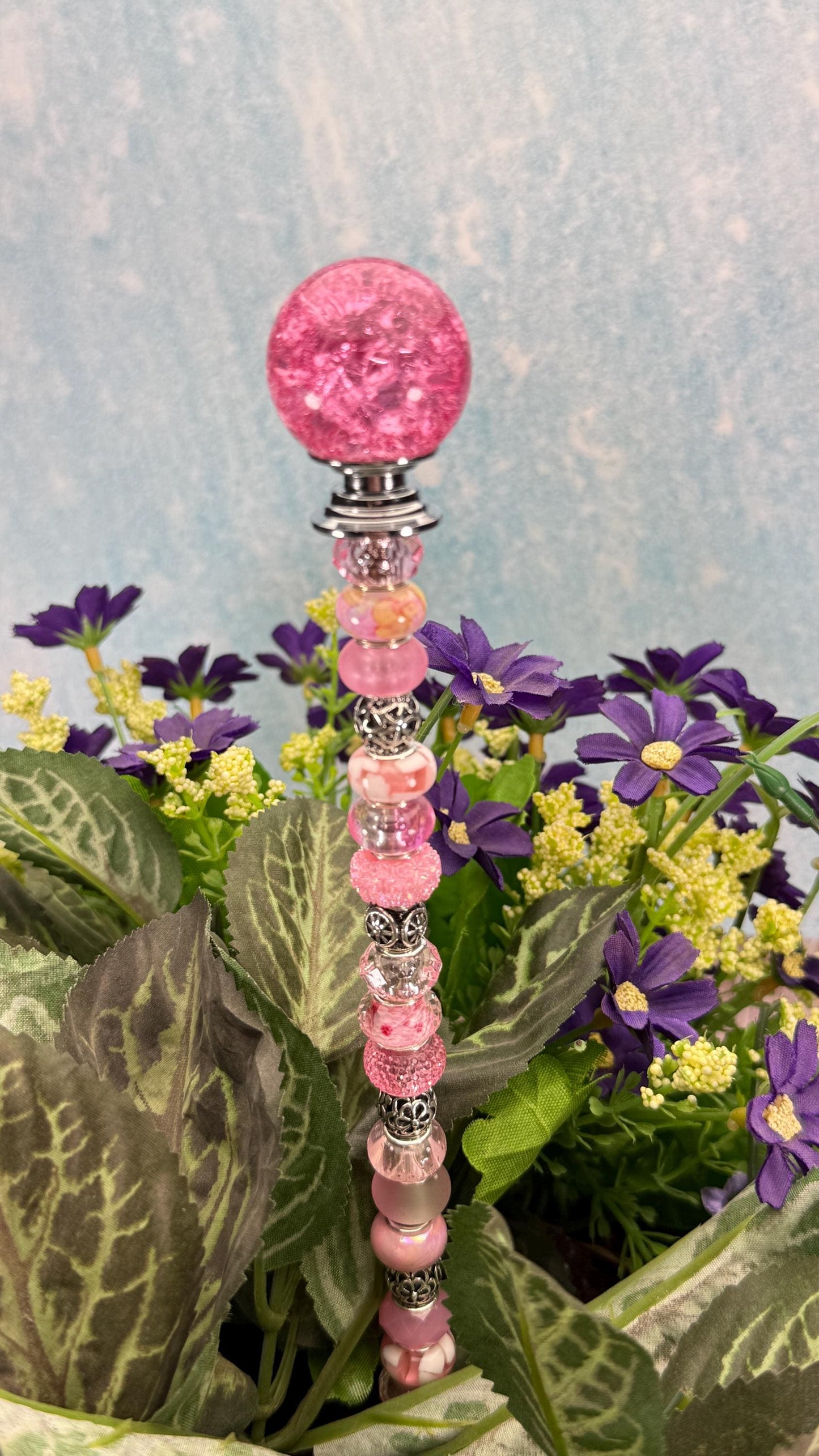 Fairy Garden Suncatcher Stakes – 15” Beaded Plant Decor with Crackle Glass Ball Topper