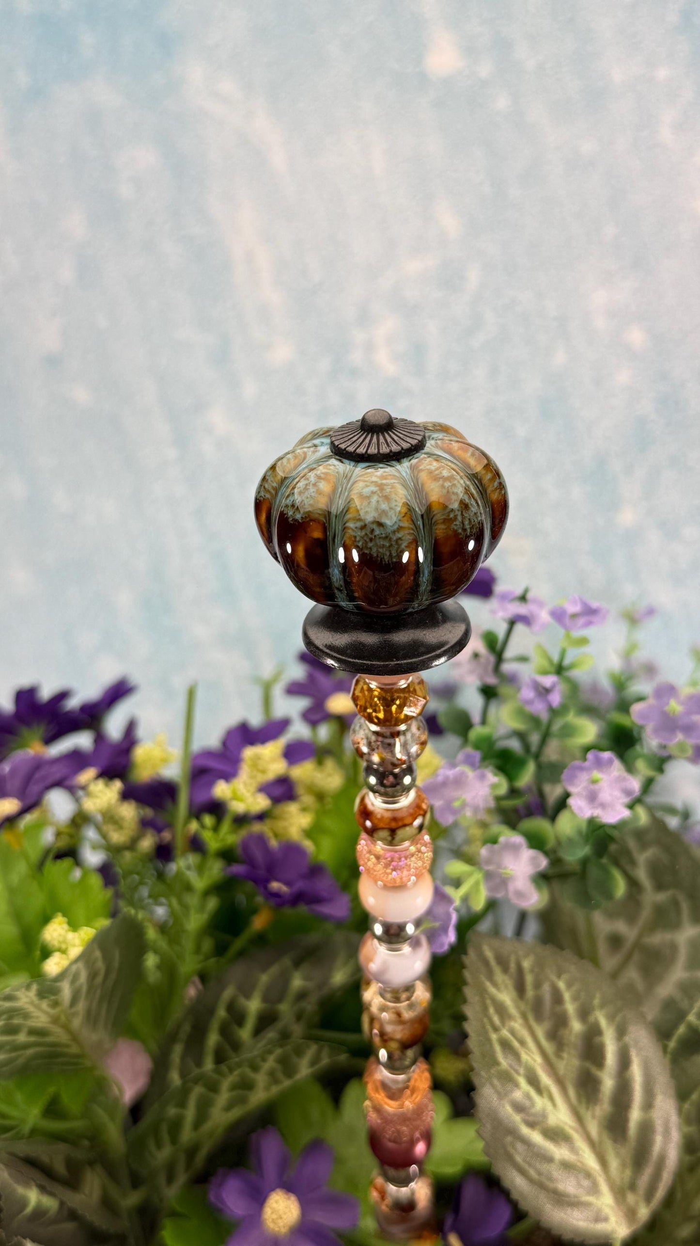 Fairy Garden Suncatcher Stakes – 15” Beaded Plant Decor with Rustic Ceramic Topper