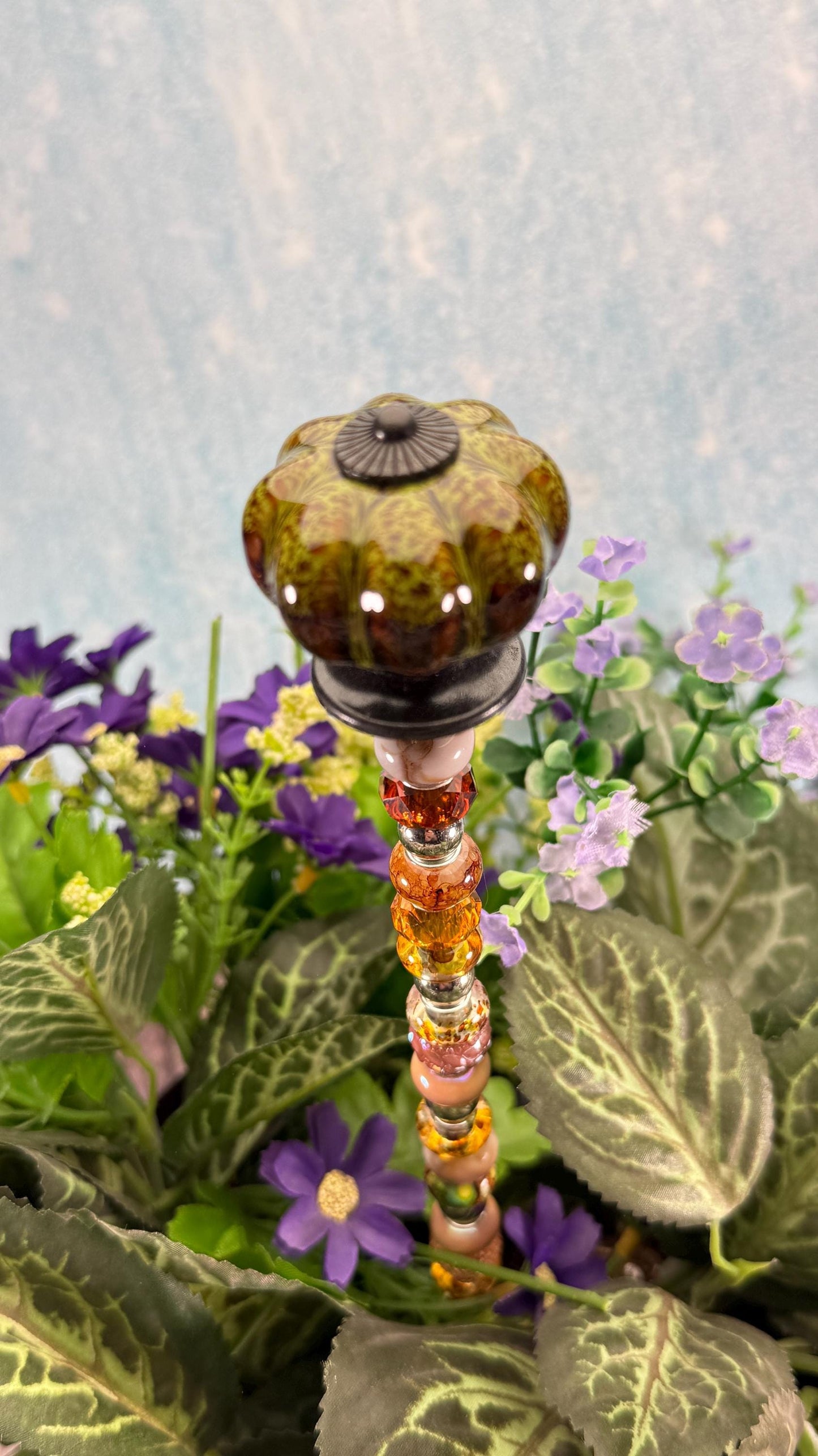 Fairy Garden Suncatcher Stakes – 15” Beaded Plant Decor with Rustic Ceramic Topper