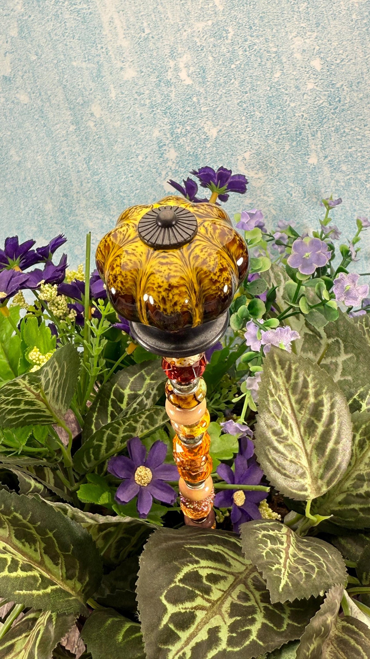 Fairy Garden Suncatcher Stakes – 15” Beaded Plant Decor with Rustic Ceramic Topper