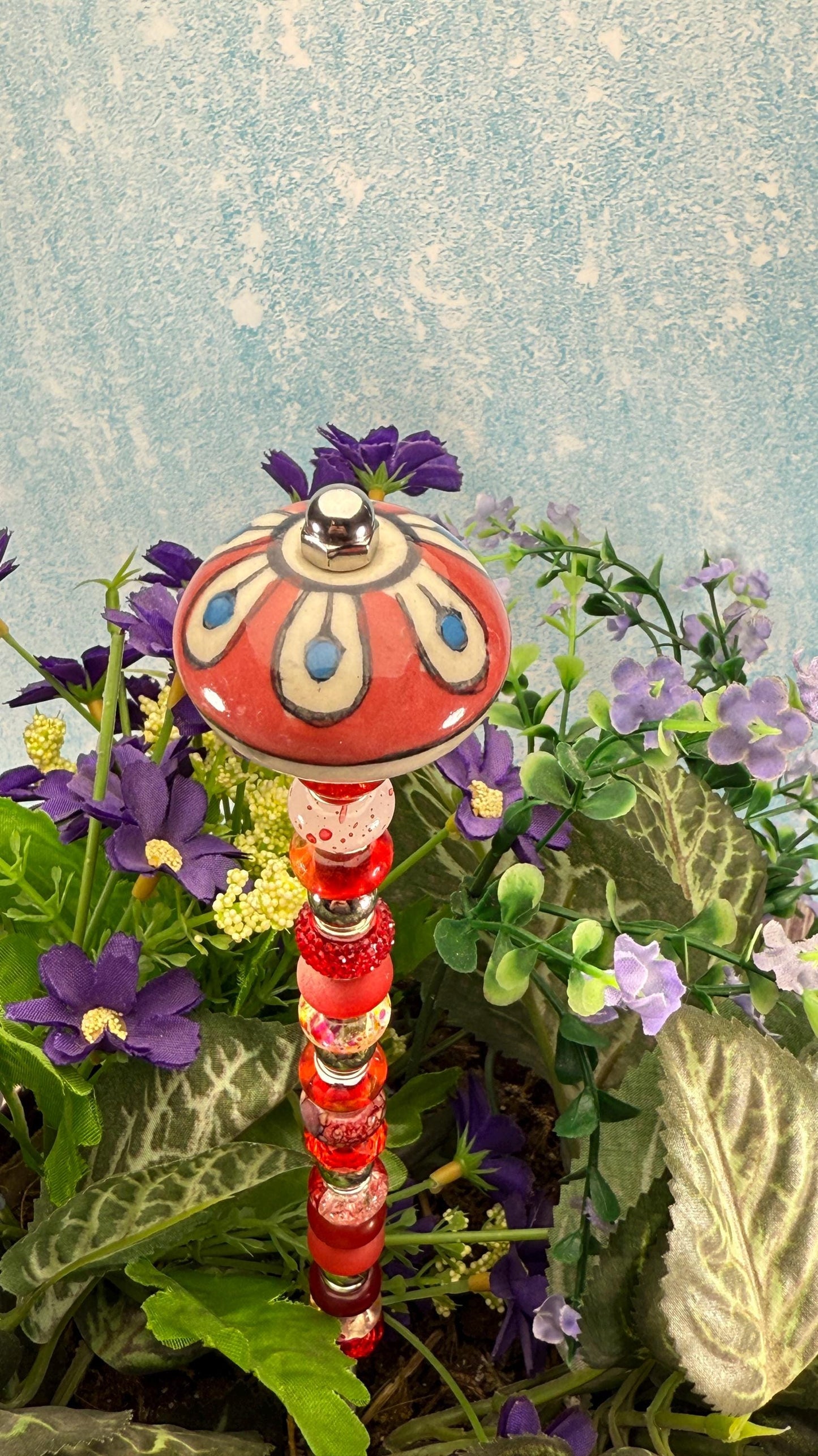 Fairy Garden Suncatcher Stakes – 15” Beaded Plant Decor with Red Ceramic Topper