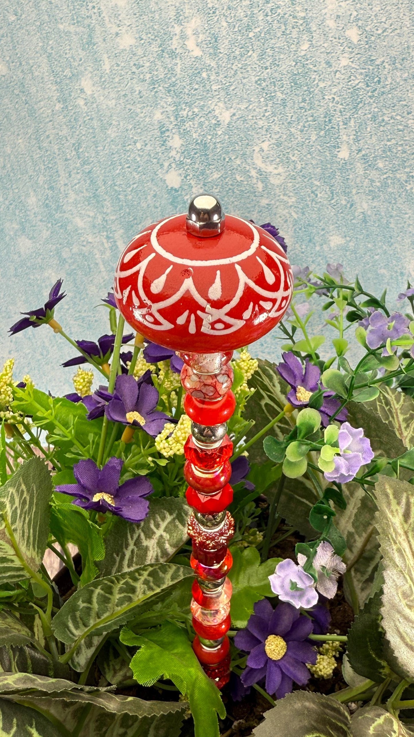 Fairy Garden Suncatcher Stakes – 15” Beaded Plant Decor with Red Ceramic Topper