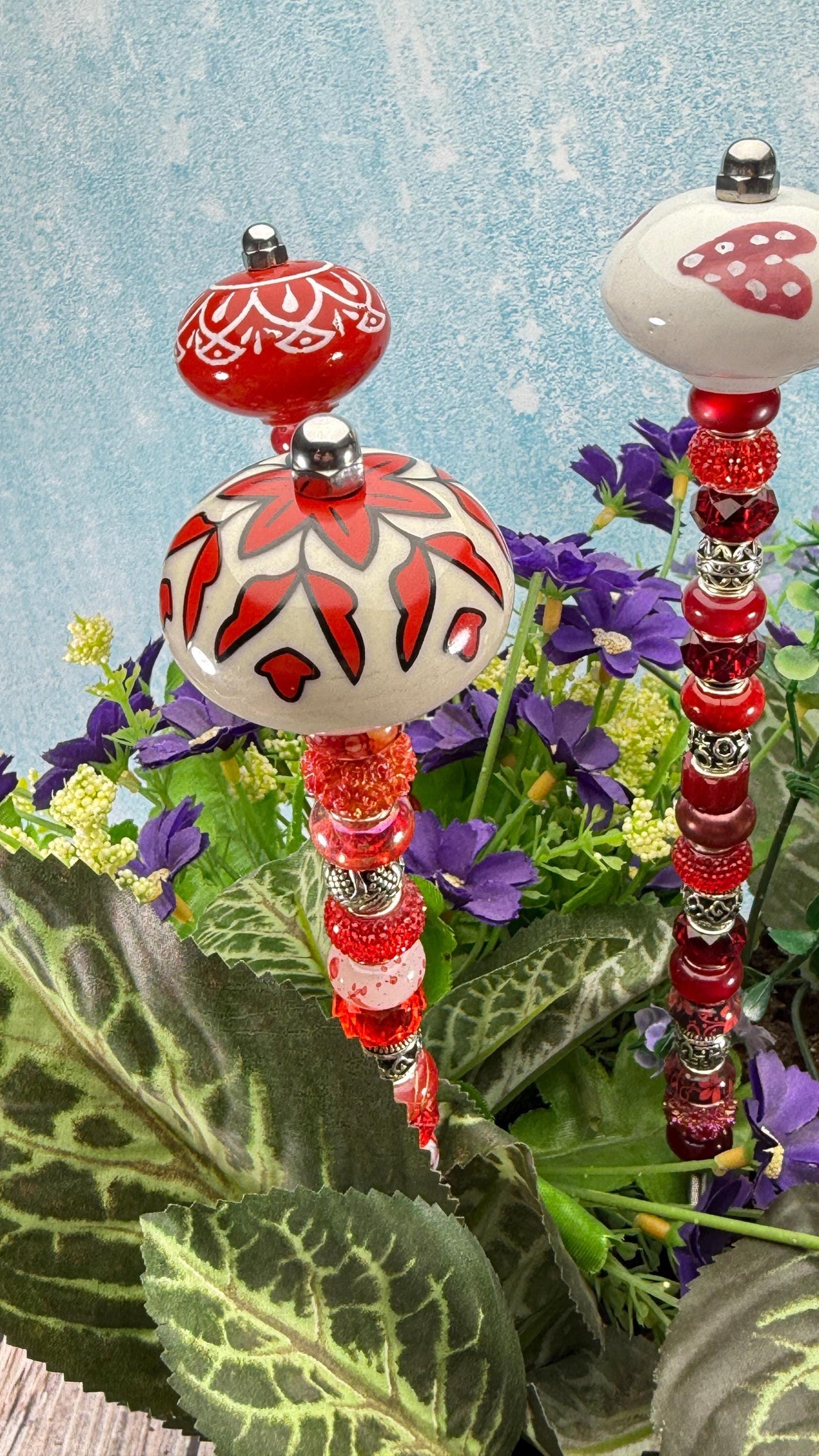 Fairy Garden Suncatcher Stakes – 15” Beaded Plant Decor with Red Ceramic Topper