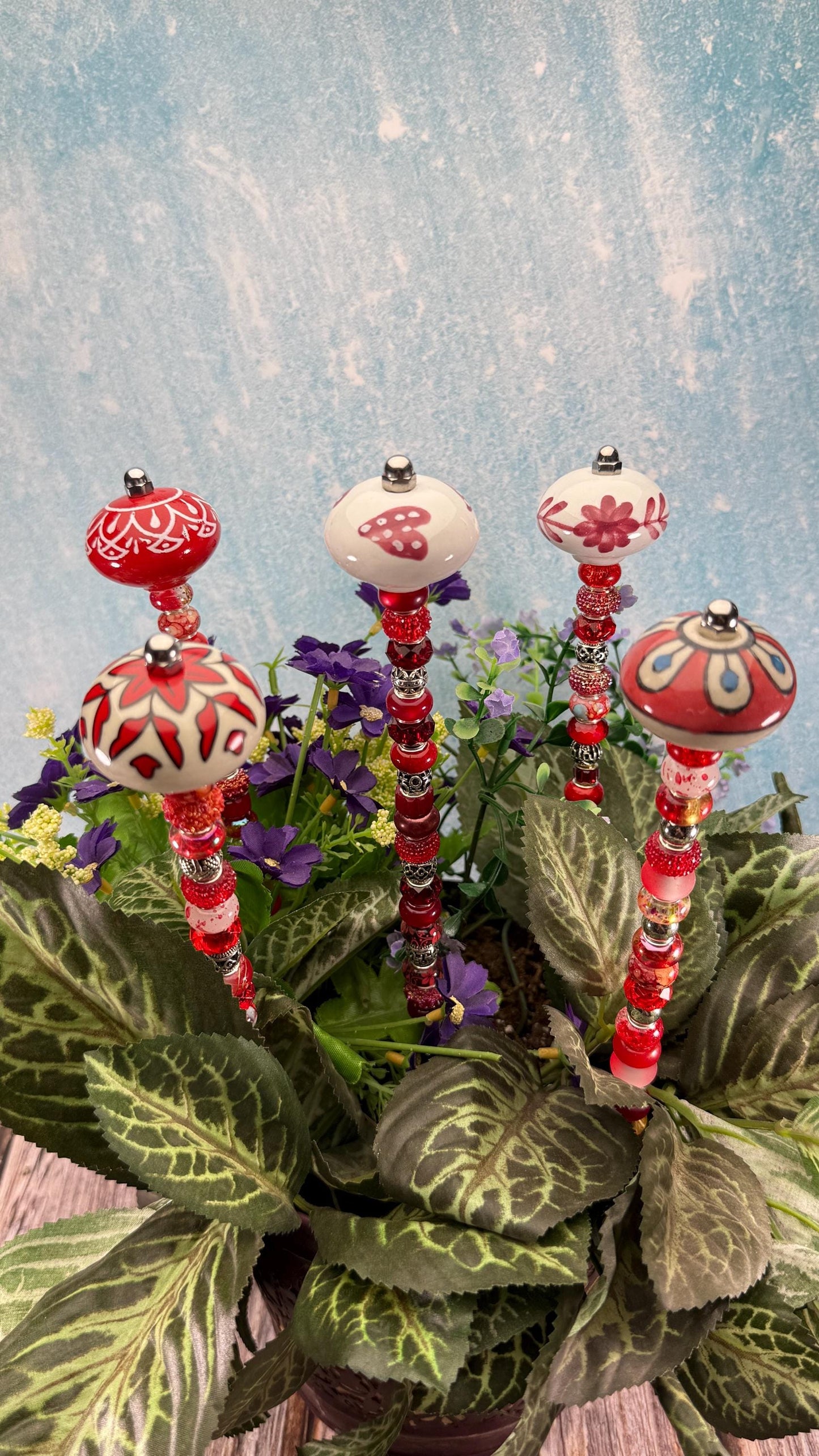 Fairy Garden Suncatcher Stakes – 15” Beaded Plant Decor with Red Ceramic Topper