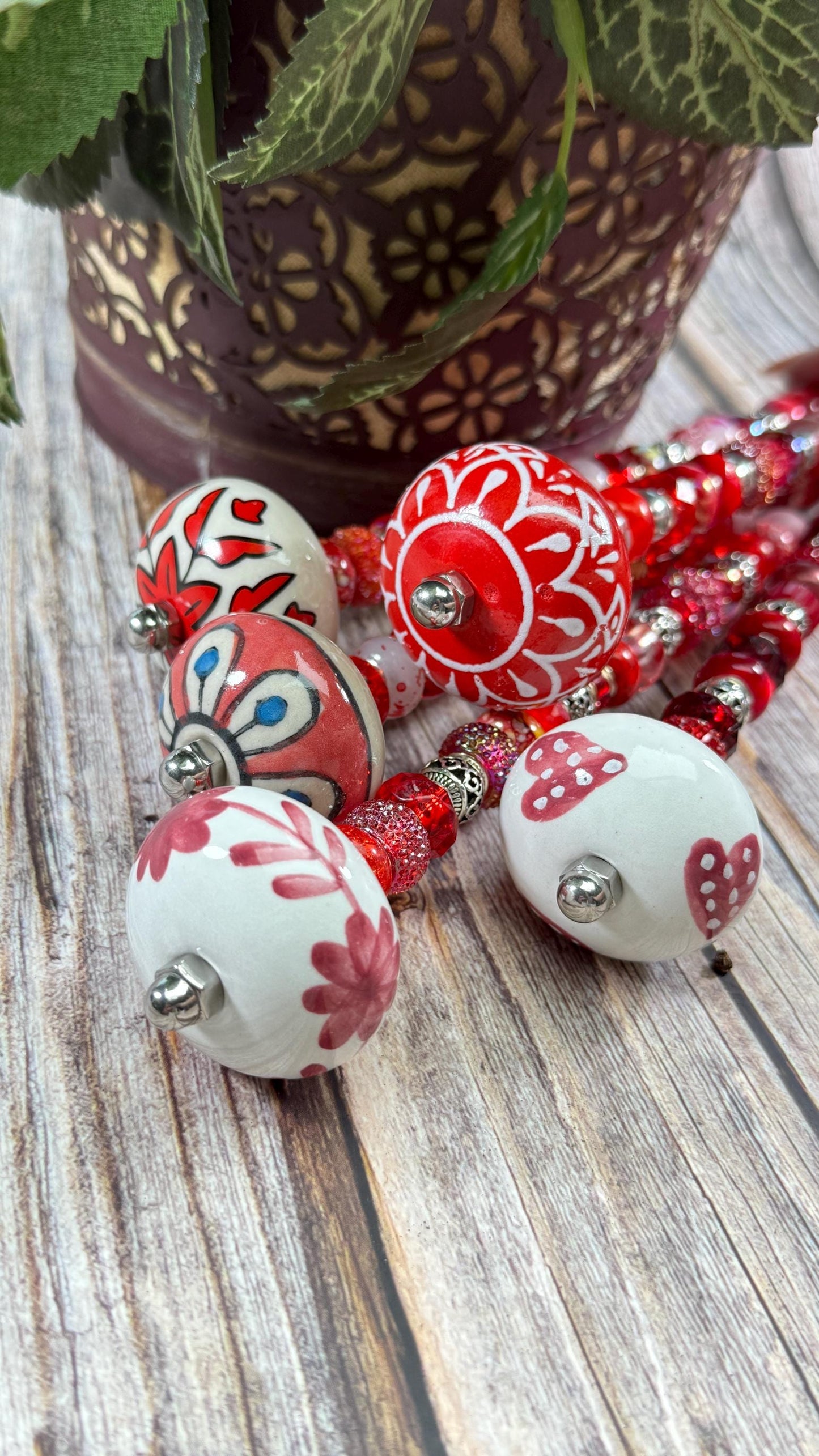 Fairy Garden Suncatcher Stakes – 15” Beaded Plant Decor with Red Ceramic Topper