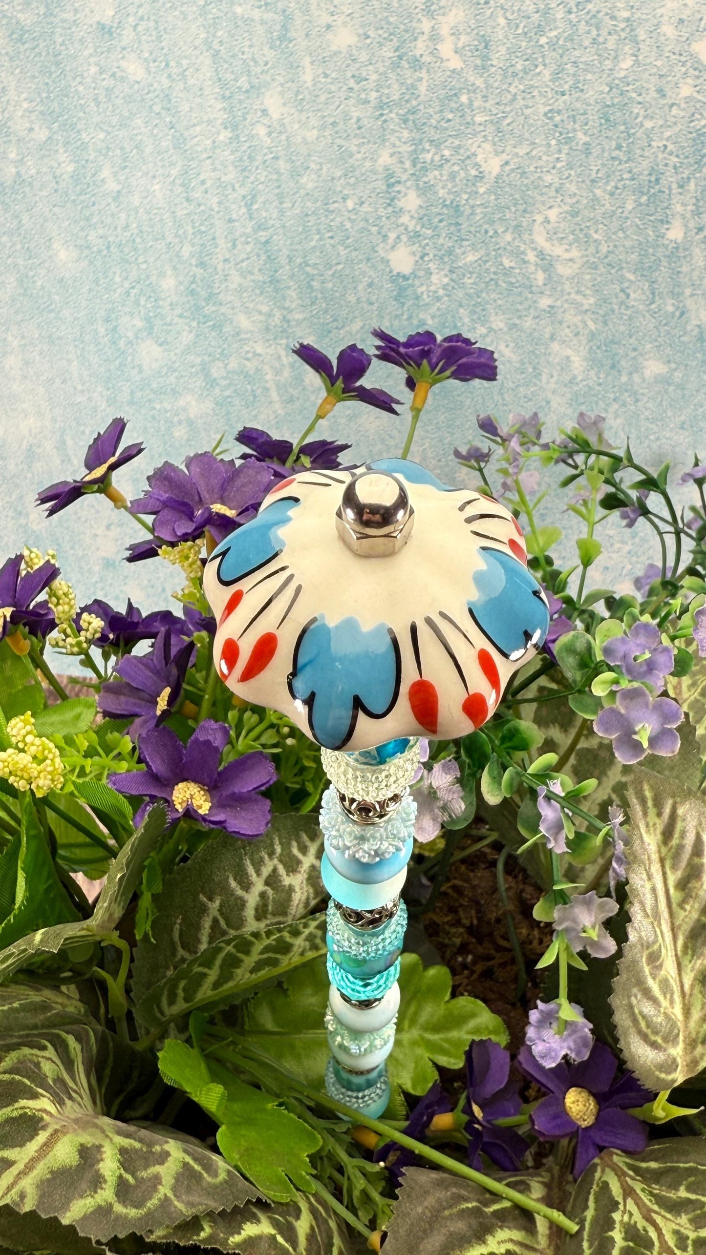 Fairy Garden Suncatcher Stakes – 15” Beaded Plant Decor with Whimsical Fluted Ceramic Topper