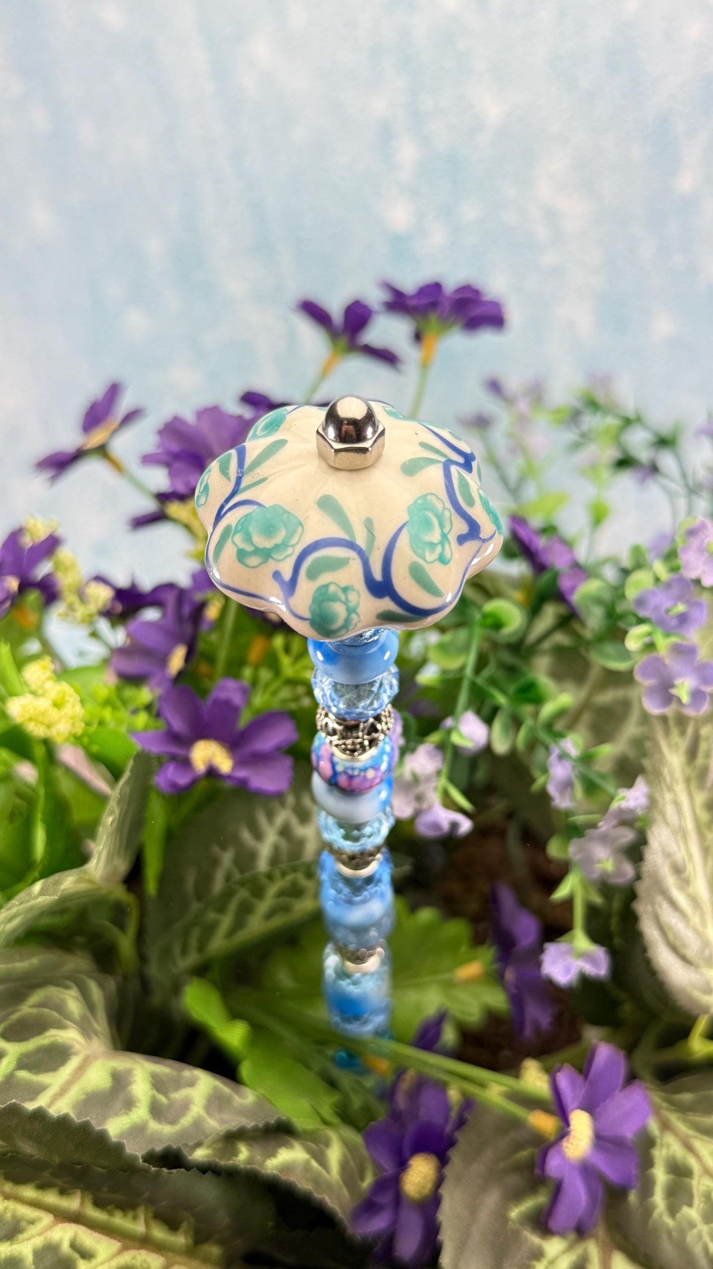 Fairy Garden Suncatcher Stakes – 15” Beaded Plant Decor with Whimsical Fluted Ceramic Topper