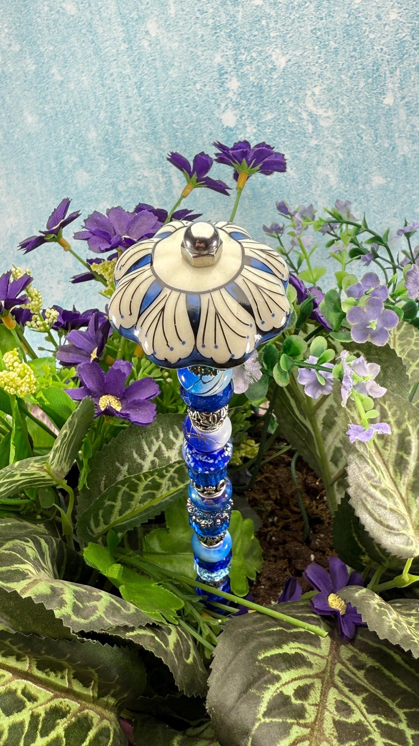 Fairy Garden Suncatcher Stakes – 15” Beaded Plant Decor with Whimsical Fluted Ceramic Topper