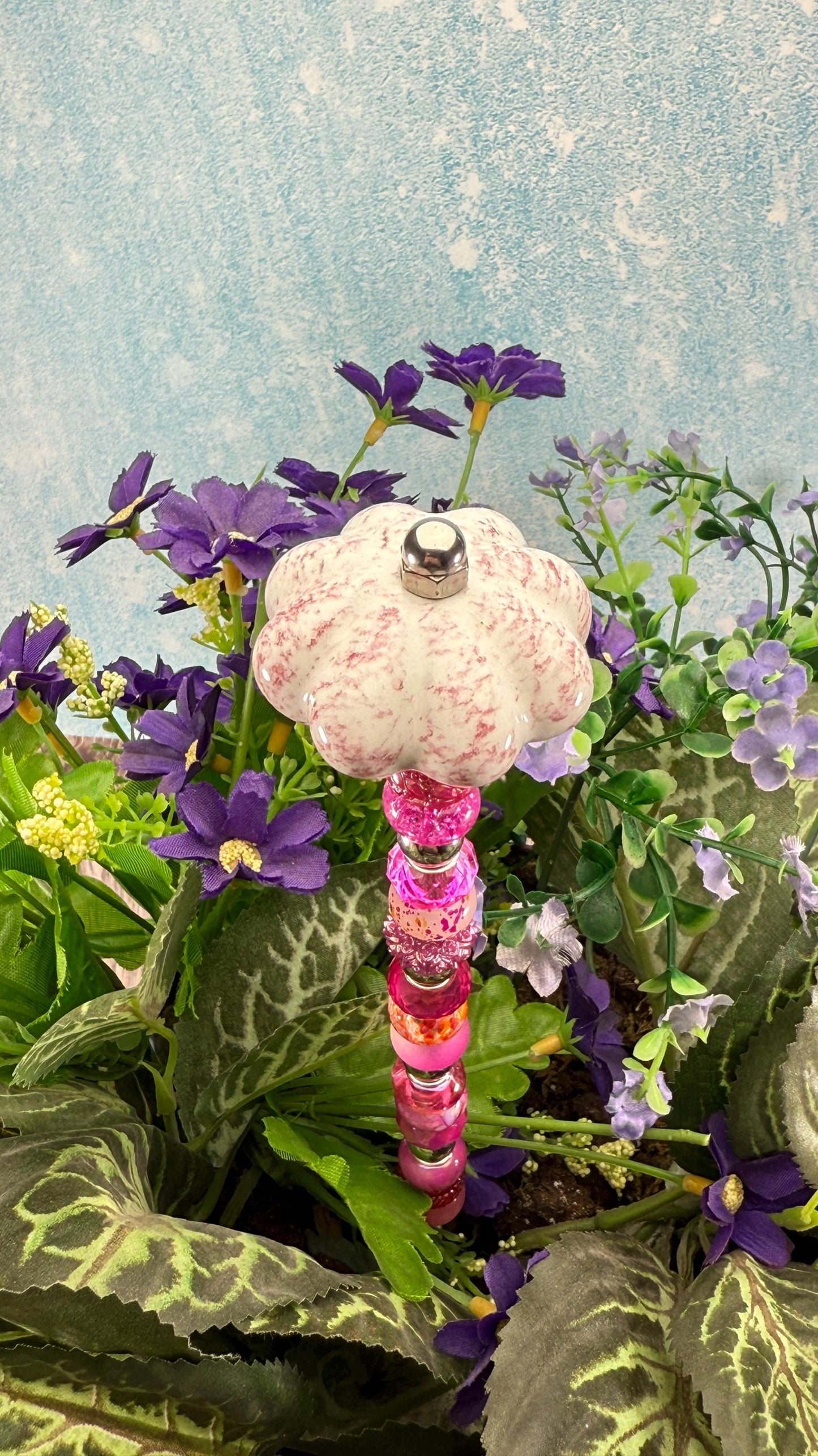 Fairy Garden Suncatcher Stakes – 15” Beaded Plant Decor with Whimsical Fluted Ceramic Topper