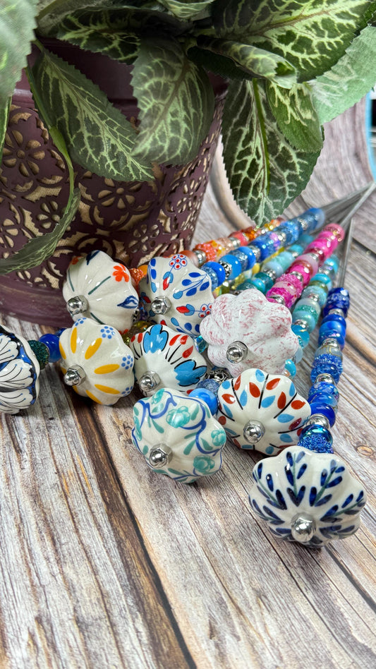 Fairy Garden Suncatcher Stakes – 15” Beaded Plant Decor with Whimsical Fluted Ceramic Topper