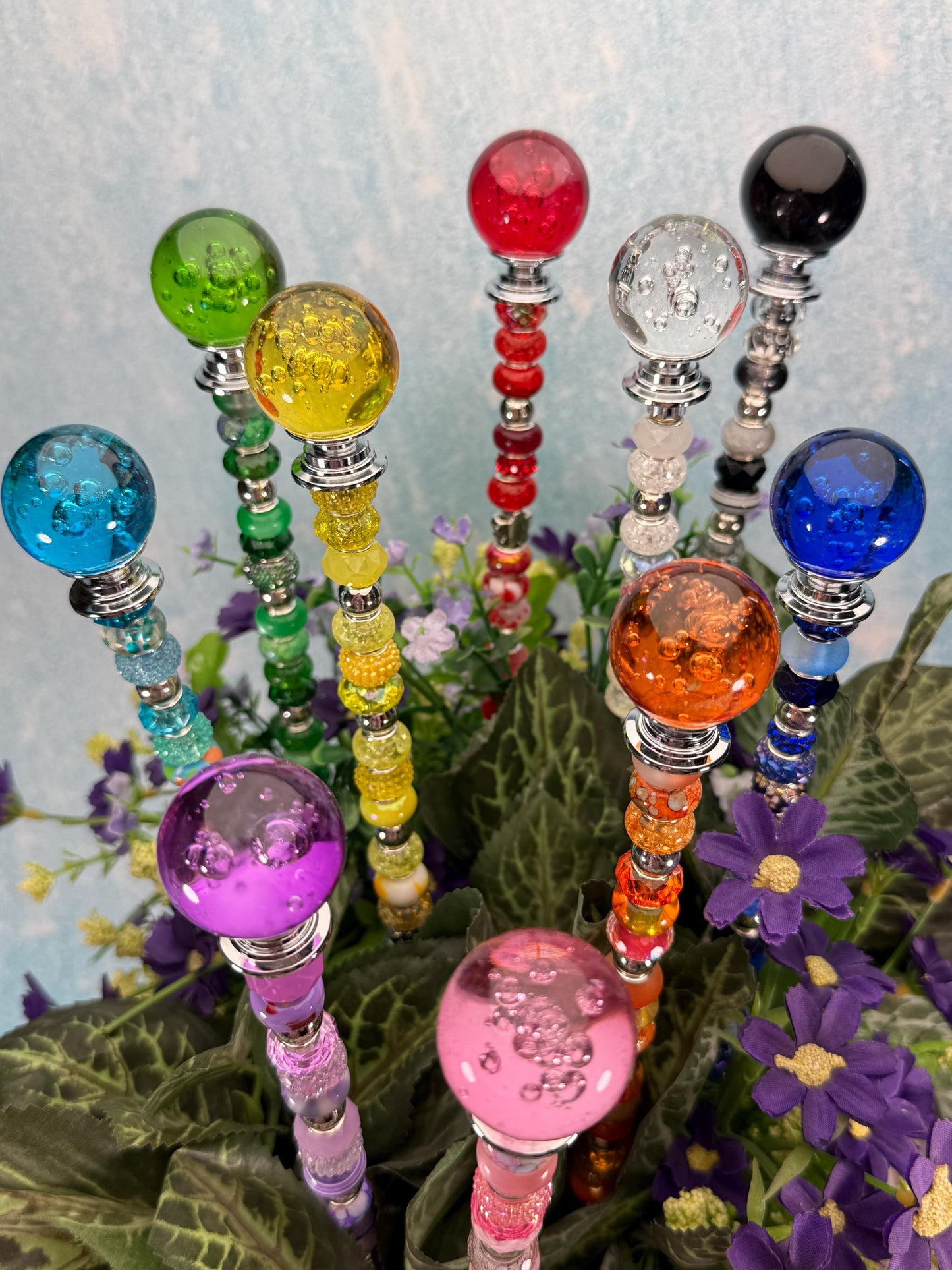 Fairy Garden Suncatcher Stakes – 15” Beaded Plant Decor with Crystal Bubble Ball Topper