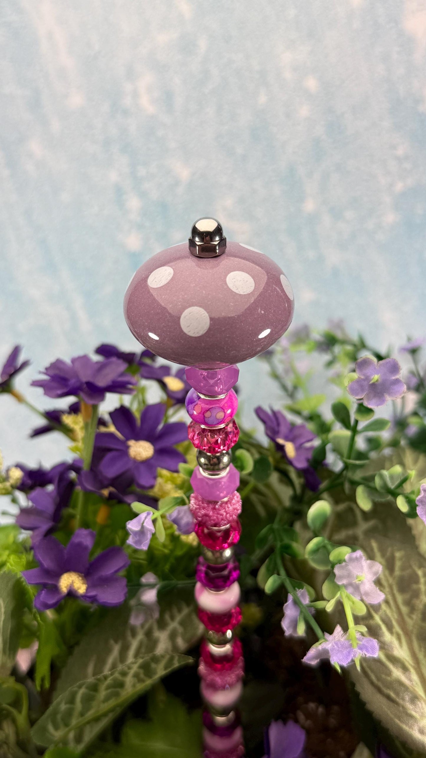 Fairy Garden Suncatcher Stakes – 15” Beaded Plant Decor with Whimsical polka dot Ceramic Topper