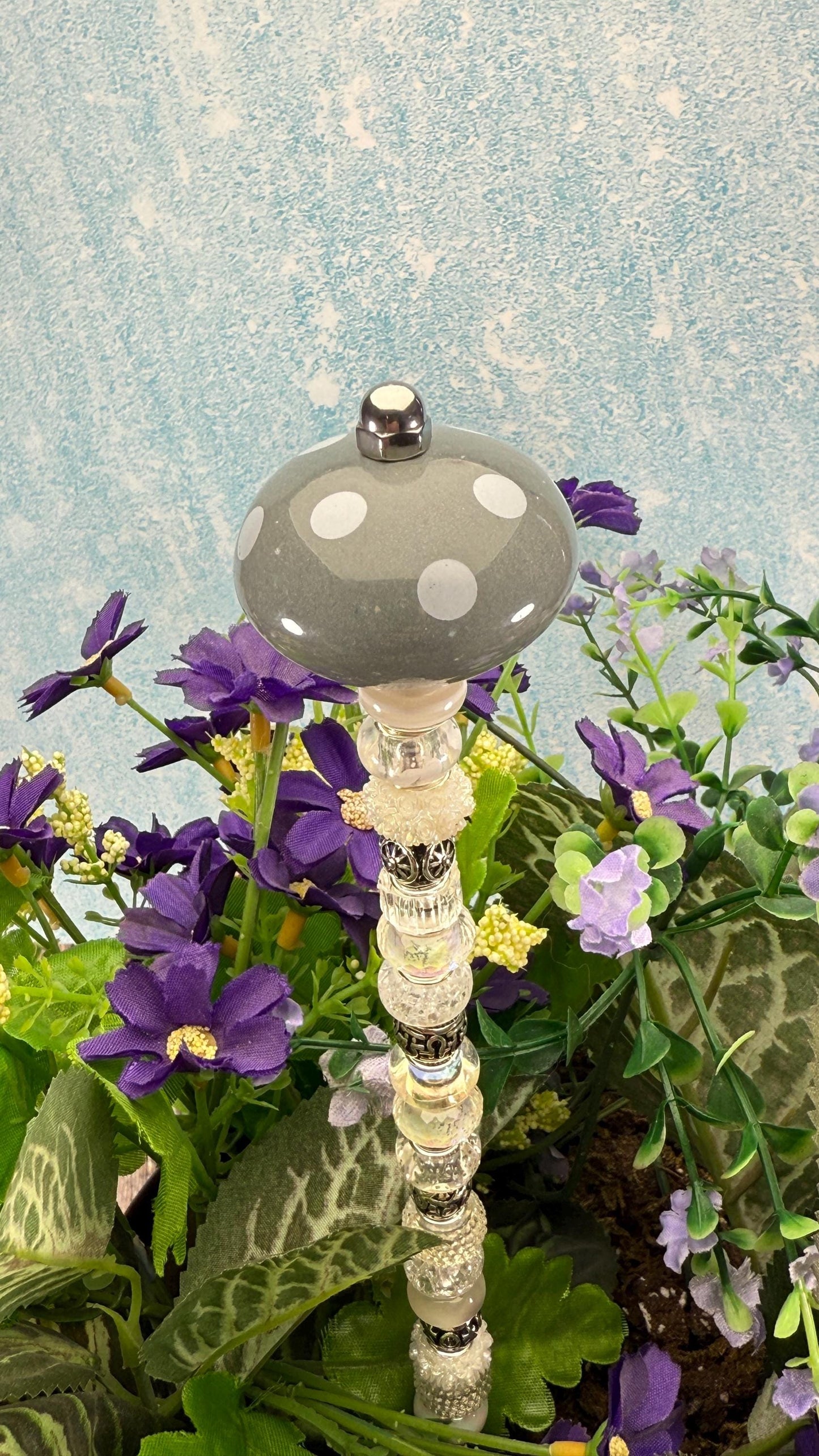 Fairy Garden Suncatcher Stakes – 15” Beaded Plant Decor with Whimsical polka dot Ceramic Topper