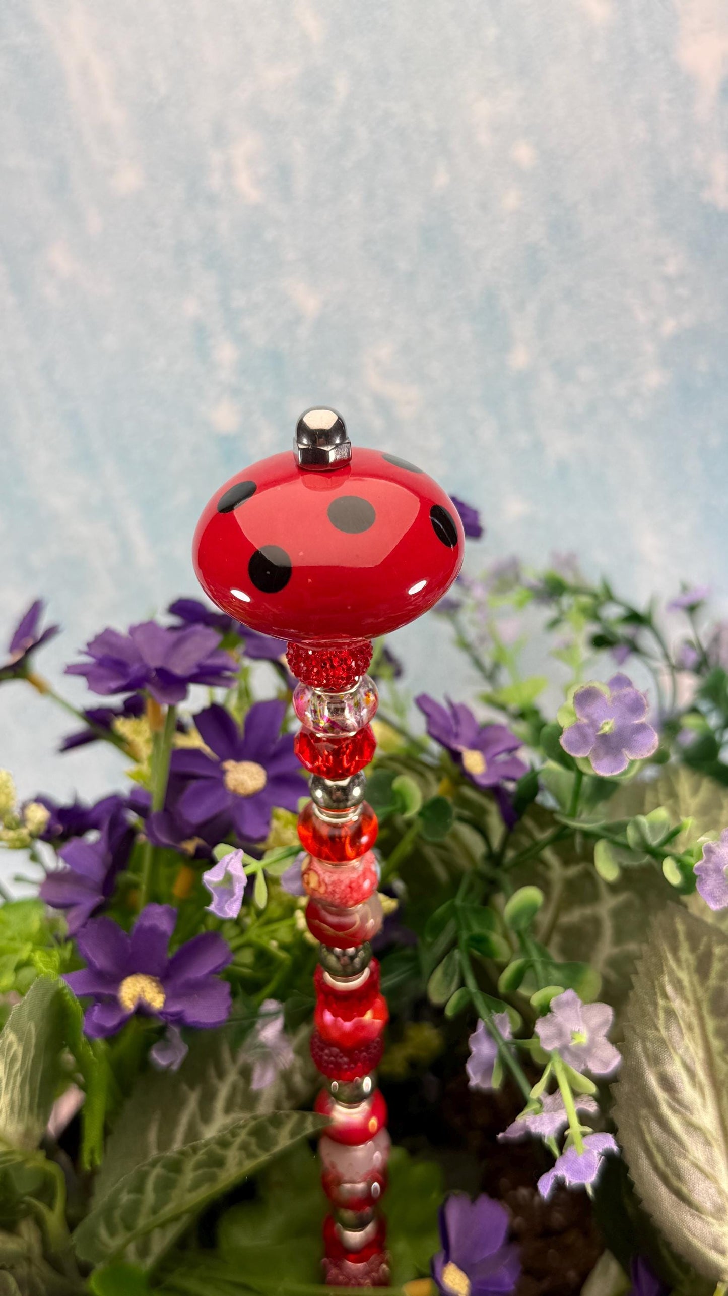 Fairy Garden Suncatcher Stakes – 15” Beaded Plant Decor with Whimsical polka dot Ceramic Topper