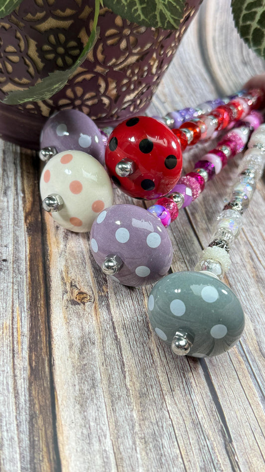 Fairy Garden Suncatcher Stakes – 15” Beaded Plant Decor with Whimsical polka dot Ceramic Topper