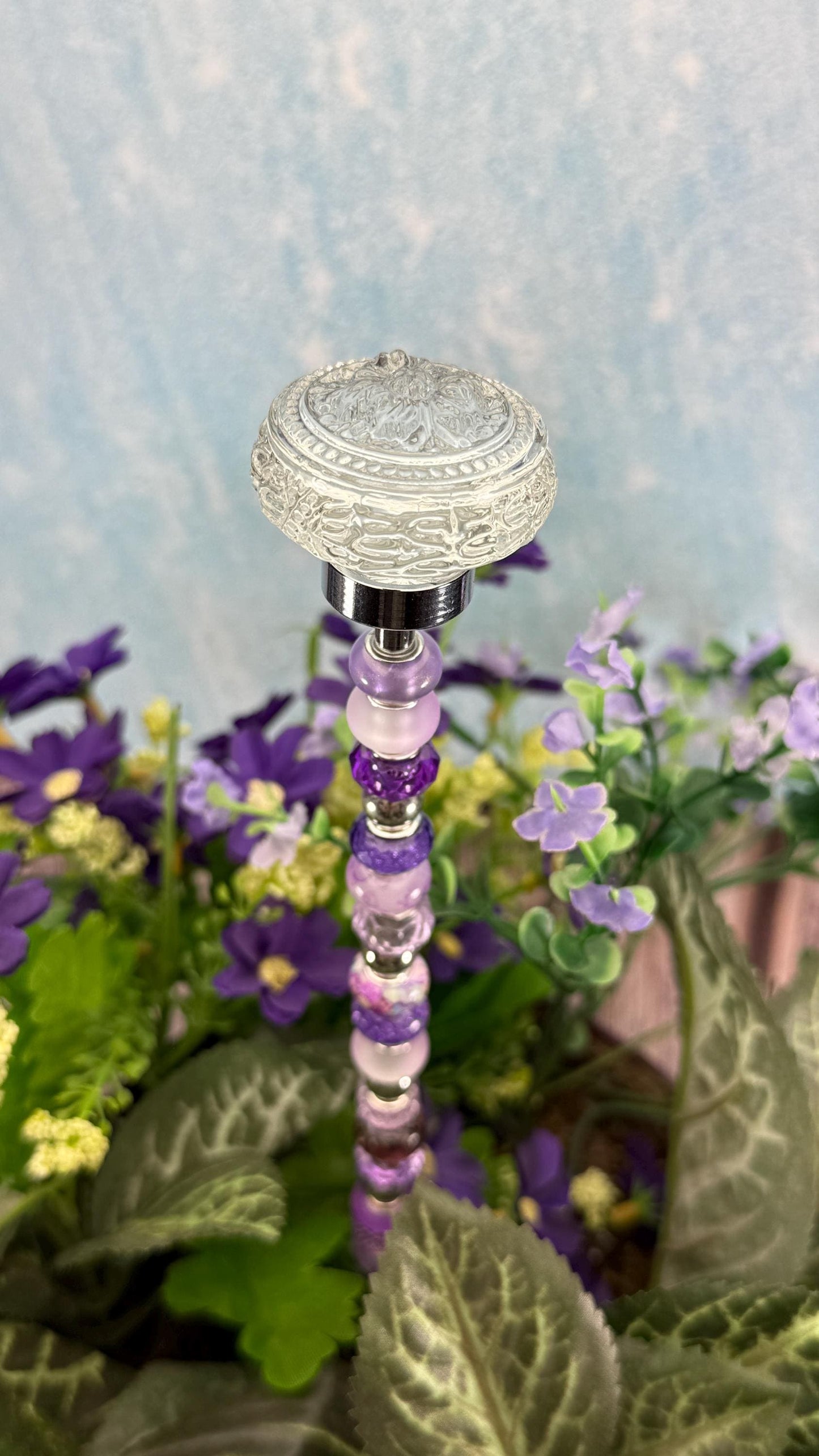 Fairy Garden Suncatcher Stakes – 15” Beaded Plant Decor with Clear Glass Saucer Topper