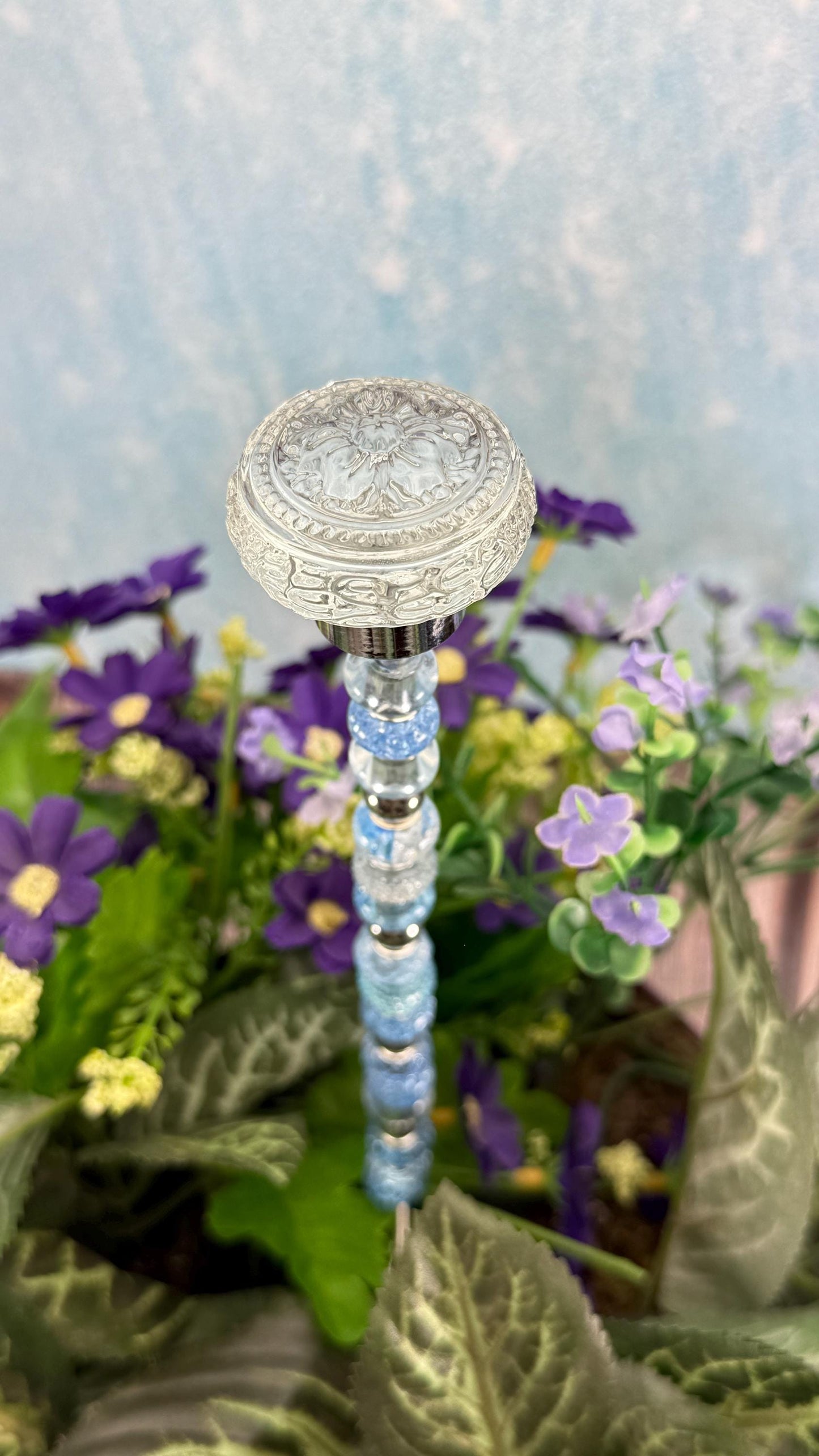 Fairy Garden Suncatcher Stakes – 15” Beaded Plant Decor with Clear Glass Saucer Topper